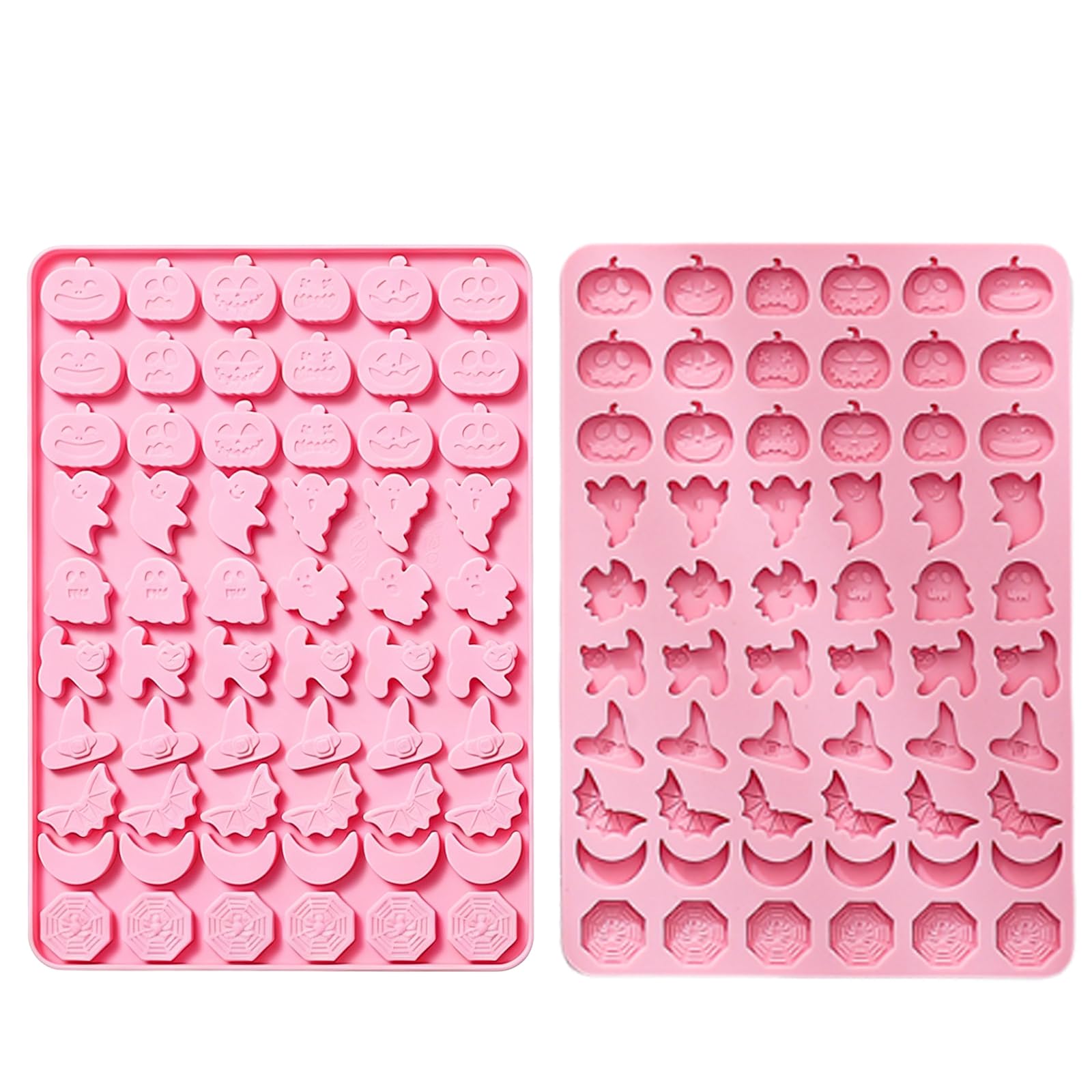 1 Pack Halloween Silicone Molds 60 Cavity Mini NonStick Pumpkin Ghosts Bats Cat Moon Spider Webs and Witches Hats Shapes Tray 