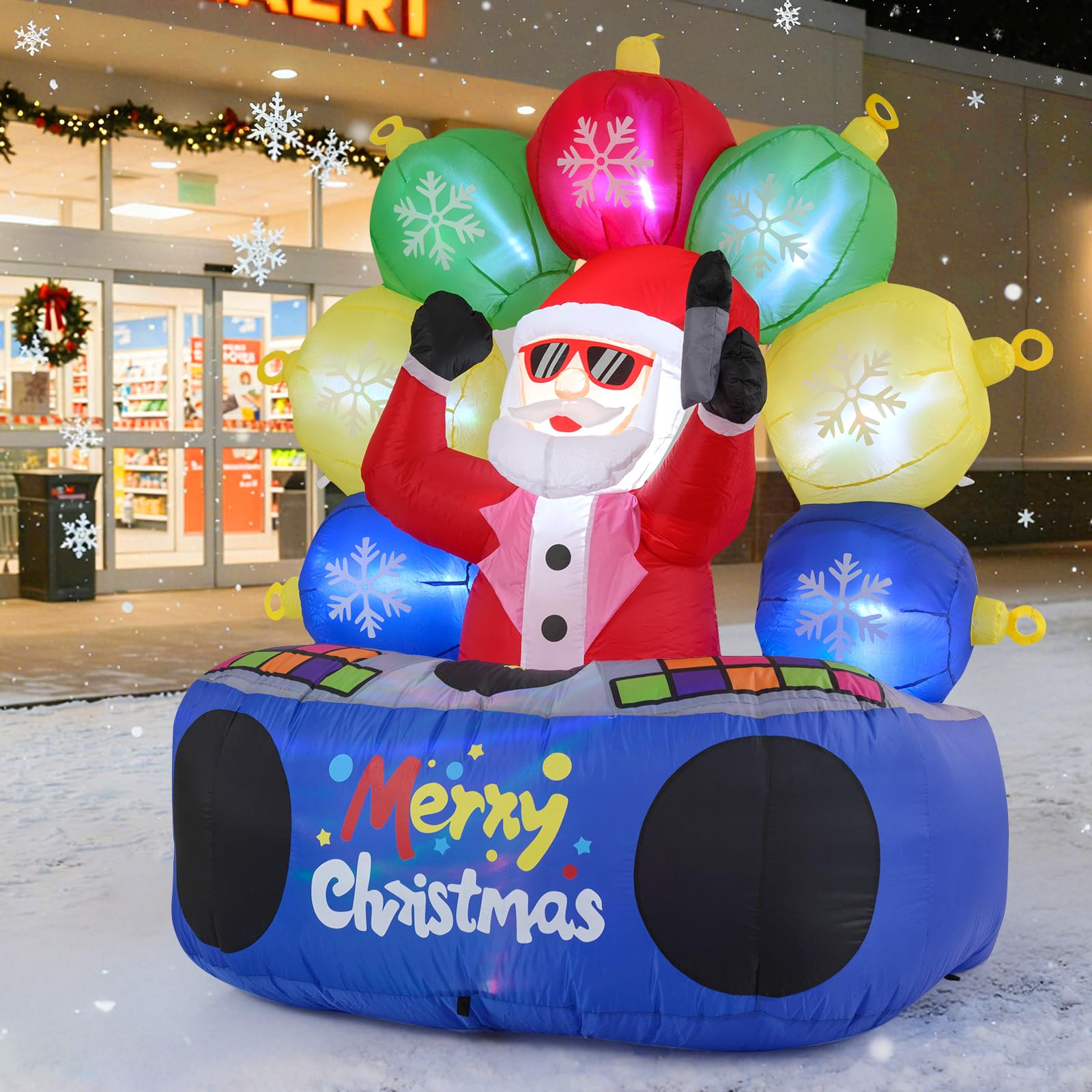Tangkula 6Ft Inflatable DJ Santa, Blow up Christmas Party Santa Claus Decoration with Rotating Music Light, Mute Mode, Color-Cha