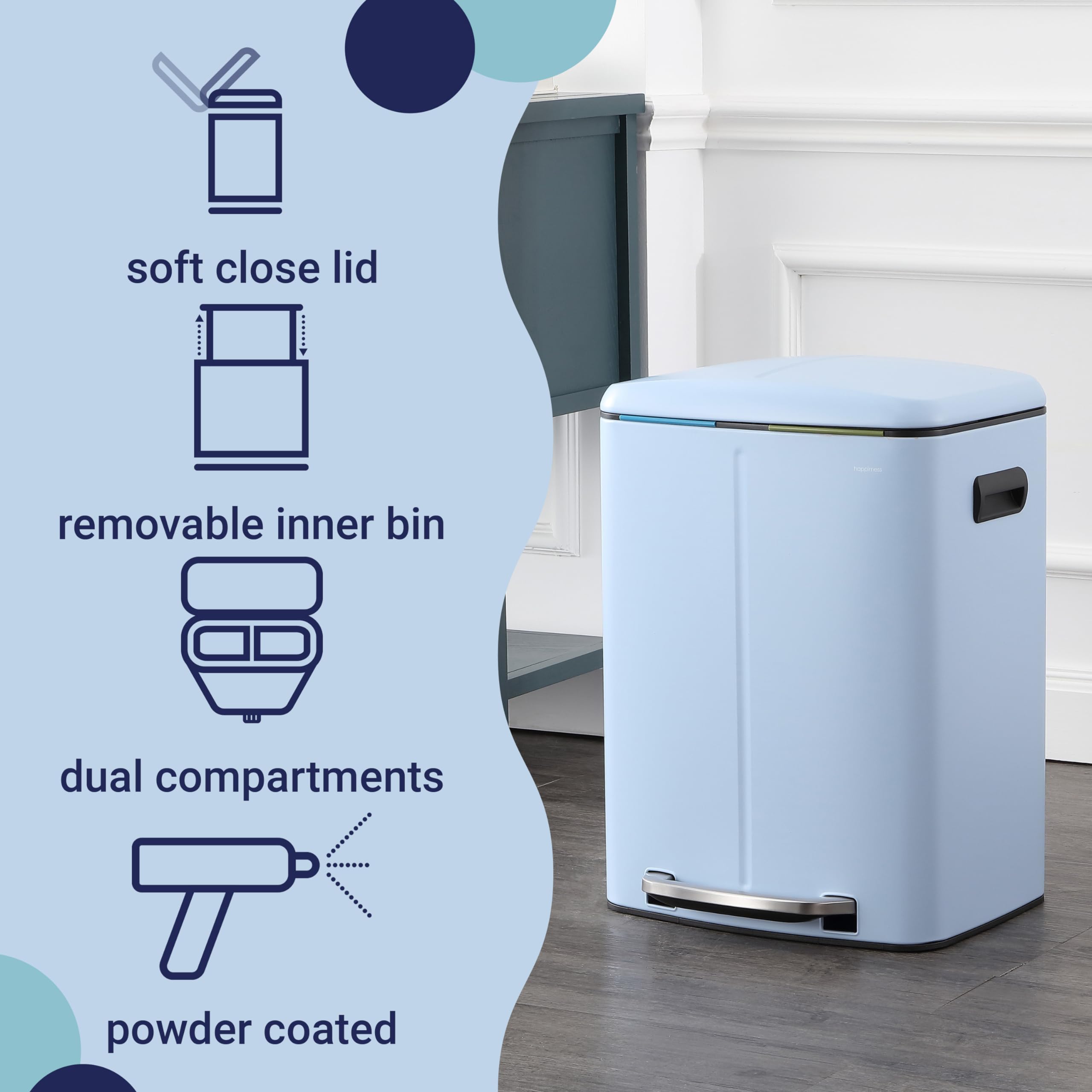 Happimess Hpm1005H Marco Rectangular 10.6-Gallon Double Bucket Trash Can With Soft-Close Lid, Tide Pool Blue, Fingerprint Resist