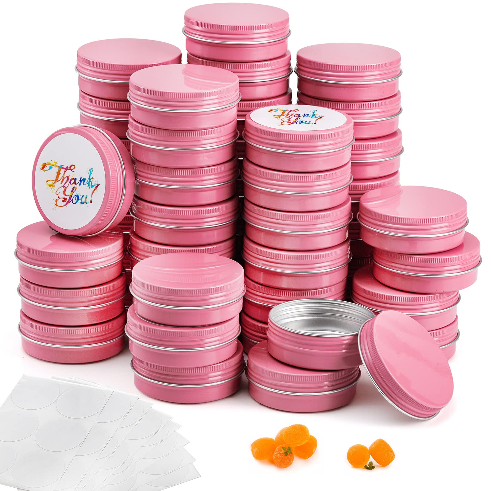 Foraineam 48 Pack 2 Oz Screw Top Round Tin Cans With White Labels, Pink Aluminum Cosmetic Sample Containers, Metal Empty Tins Tr