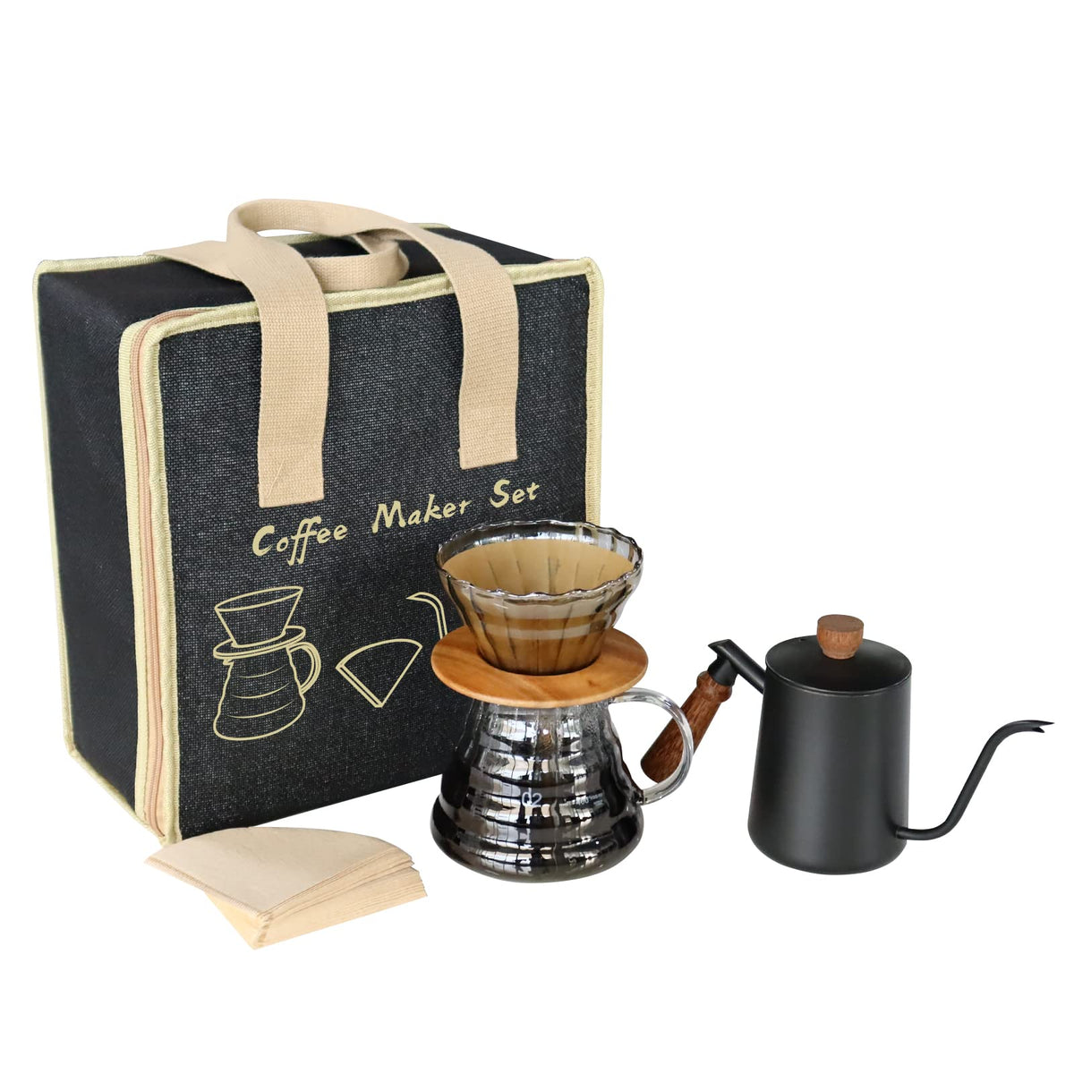 Sotech Pour Over Coffee Maker Set With Black Gooseneck Kettle, Wooden Pad Holder, Coffee Dripper Server, Diy Manual Portable Cof
