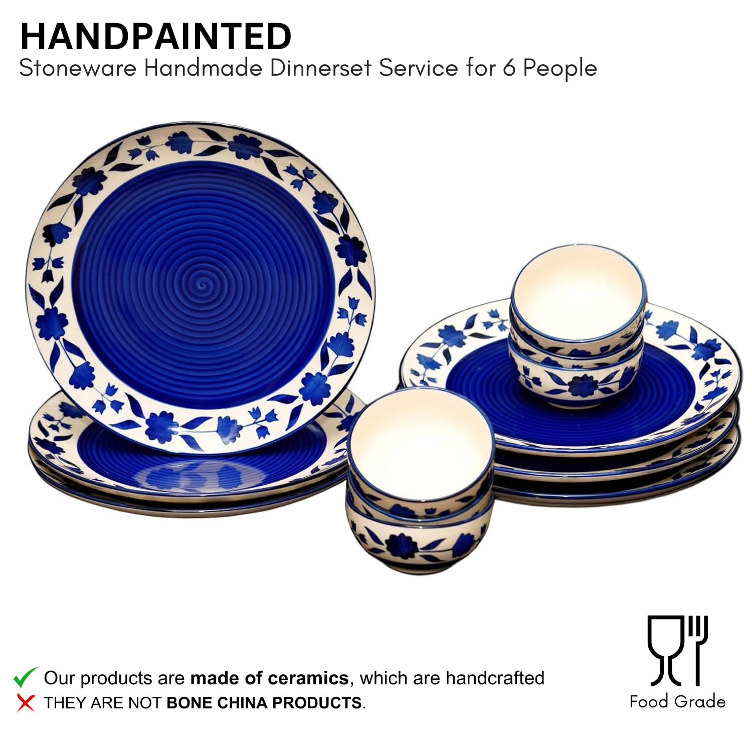 Yourowndcor Handcrafted Ceramic Blue Floral 12 Pieces Dinner Set - 6 Full Plate 10 inch, 6 Serving Bowls 4 inch| Microwave Safe,