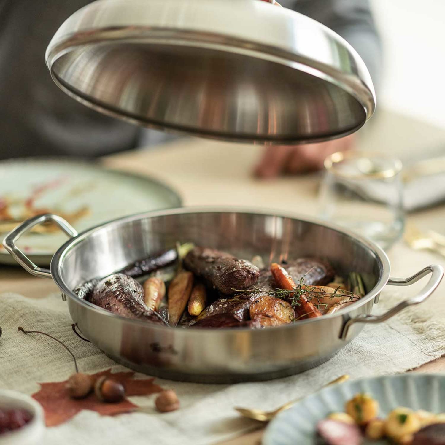Fissler Original-Profi Collection Stainless Steel 9.5 Inch Serving Pan With High Dome Metal Lid