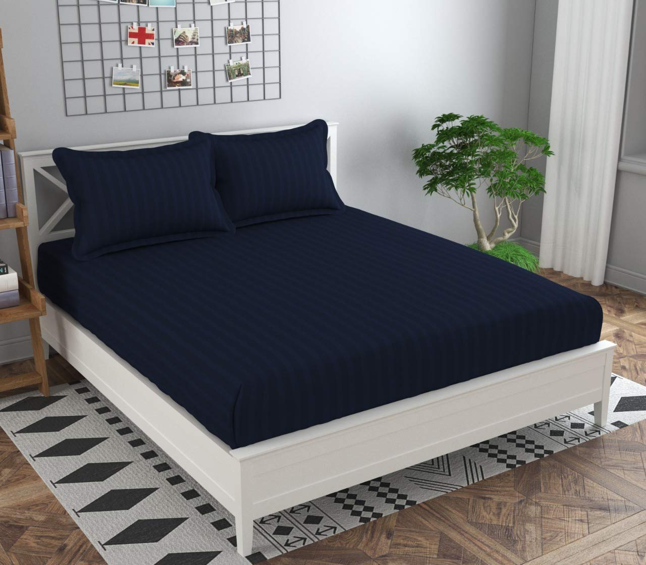 Ab Home Decor 210 TC Satin Stripes Elastic Fitted Bedsheet King Size Glace Cotton with Two Pillow Covers 90x100 InchBlue