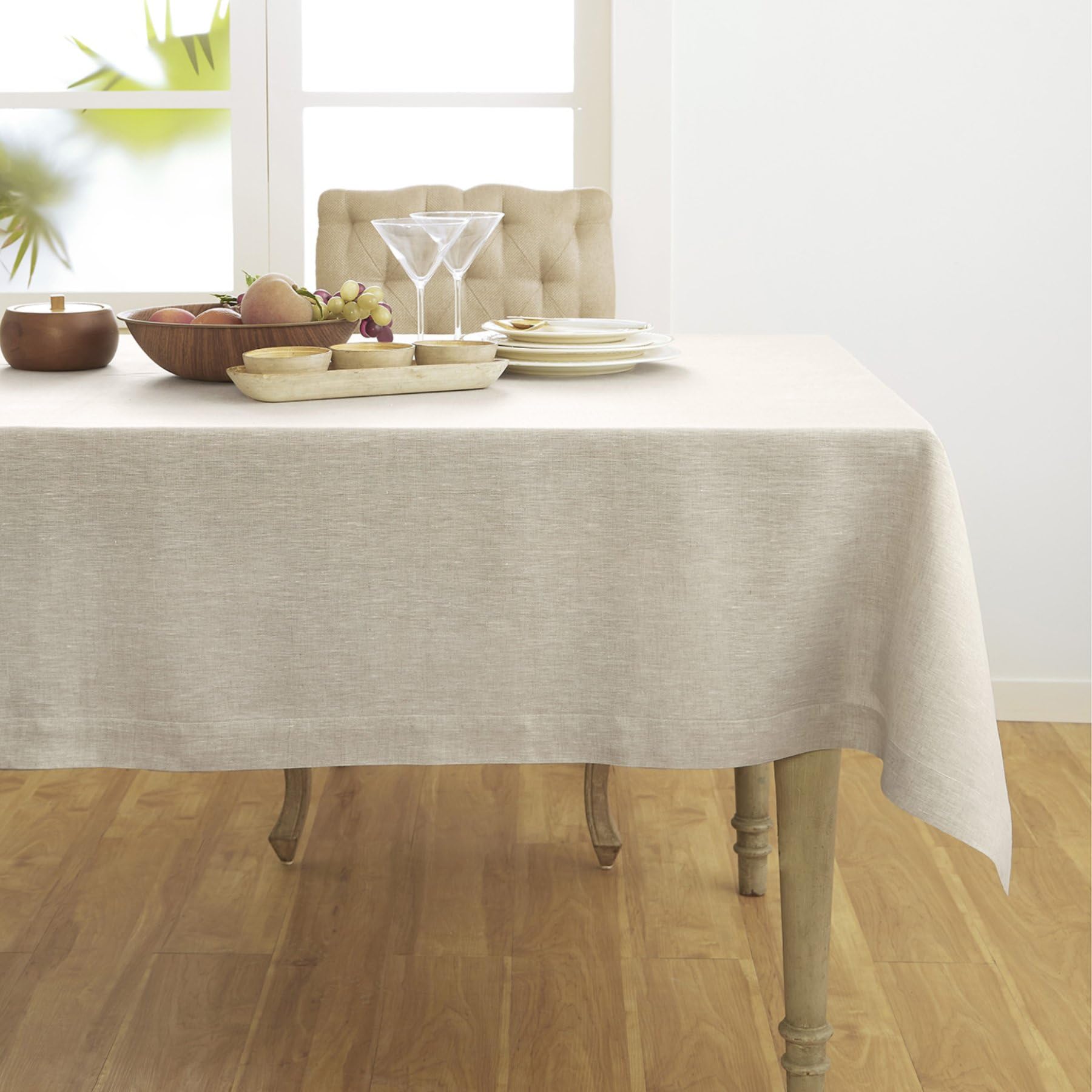 Solino Home Linen Tablecloth 144'' L X 60'' W Inch - 100% Pure Linen Light Natural Table Cloth For Rectangle Tables - Athena, Ma