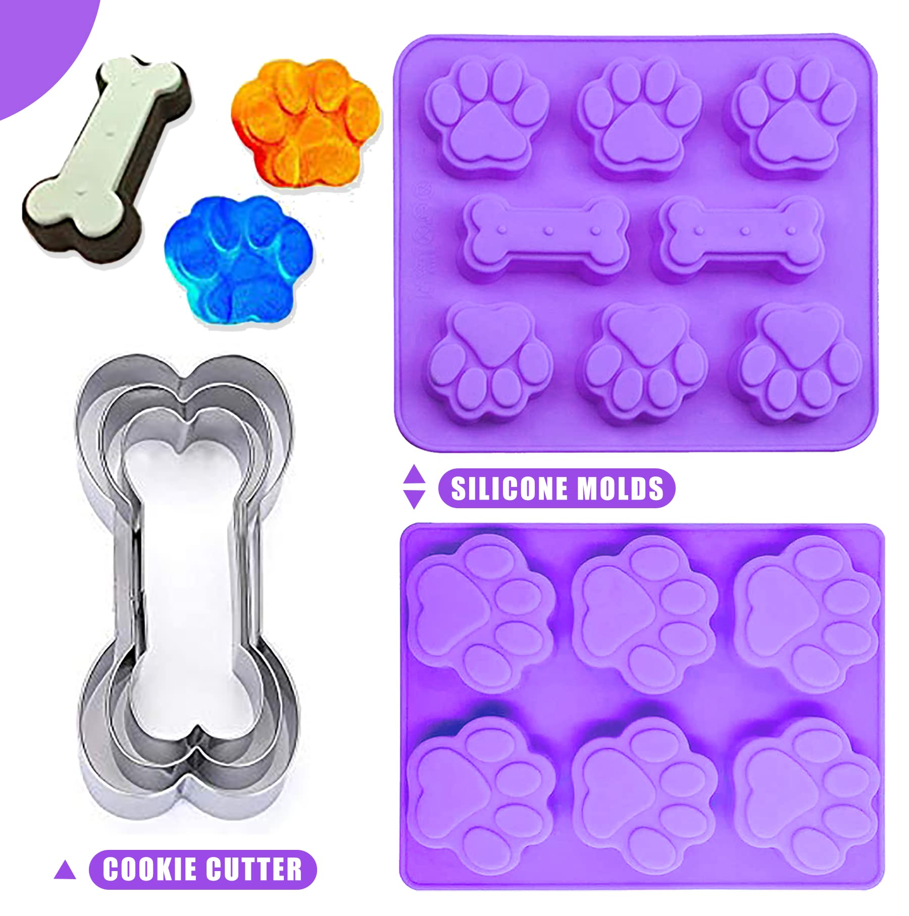 Set Of 7,4 Packs Silicone Molds Puppy Dog Paw & Bone Shaped And 3 Packs Stainless Steel Bone Cookie Cutter,For Homemade Treats A