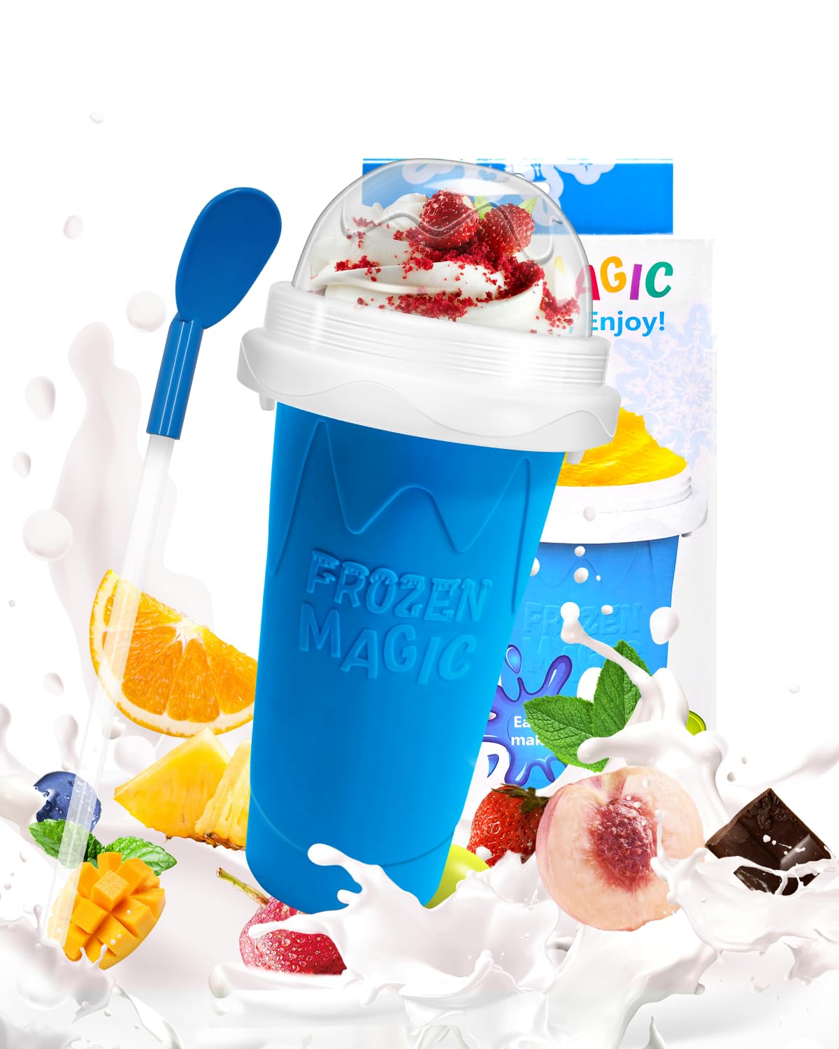 Slushy Maker Cup  DIY Magic Slushy Maker Squeeze Cup  Portable Smoothie Squeeze Cup for Juices  Milk and Ice Cream Make  Double Layers Silica Cup with Lid & Straw for Kids  Friends  Family (Blue)