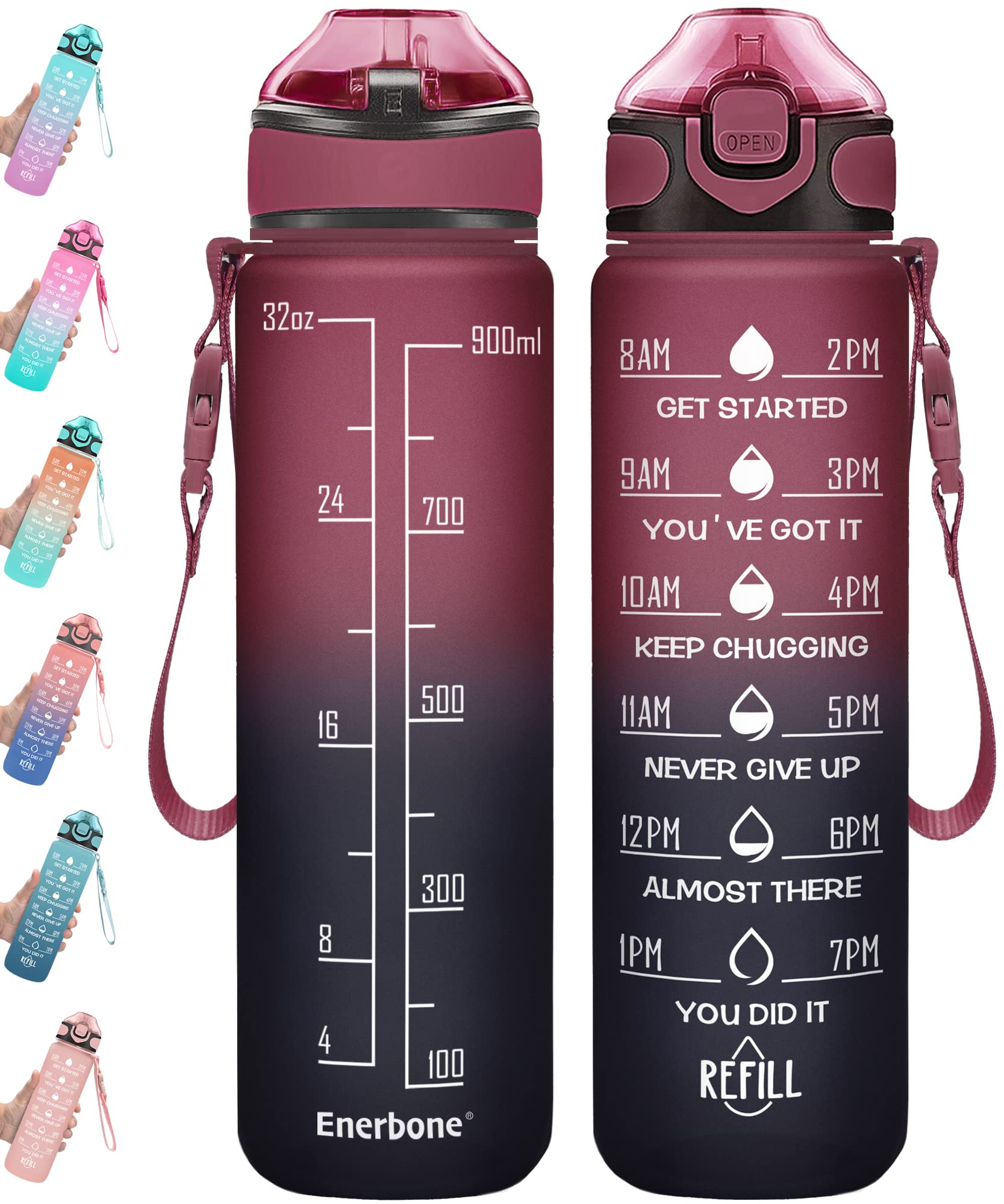 Enerbone 32 Oz Drinking Water Bottle With Times To Drink And Straw, Motivational With Carrying Strap, Leakproof Bpa & Toxic Free