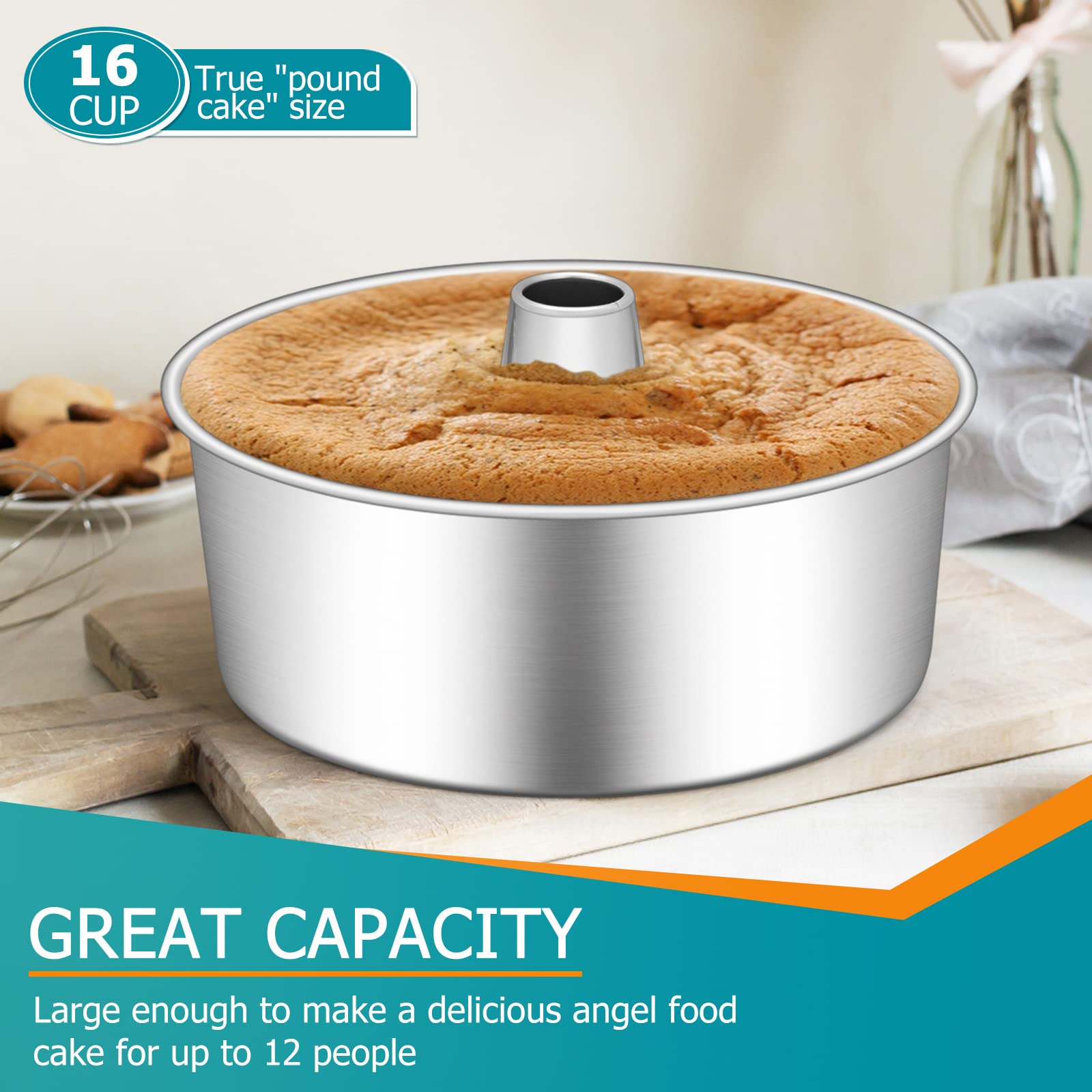 E-Far Angel Food Cake Pan, 10-Inch Stainless Steel Tube Pan For Baking Pound Chiffon Cake, One-Piece Design & Non-Toxic, Dishwas