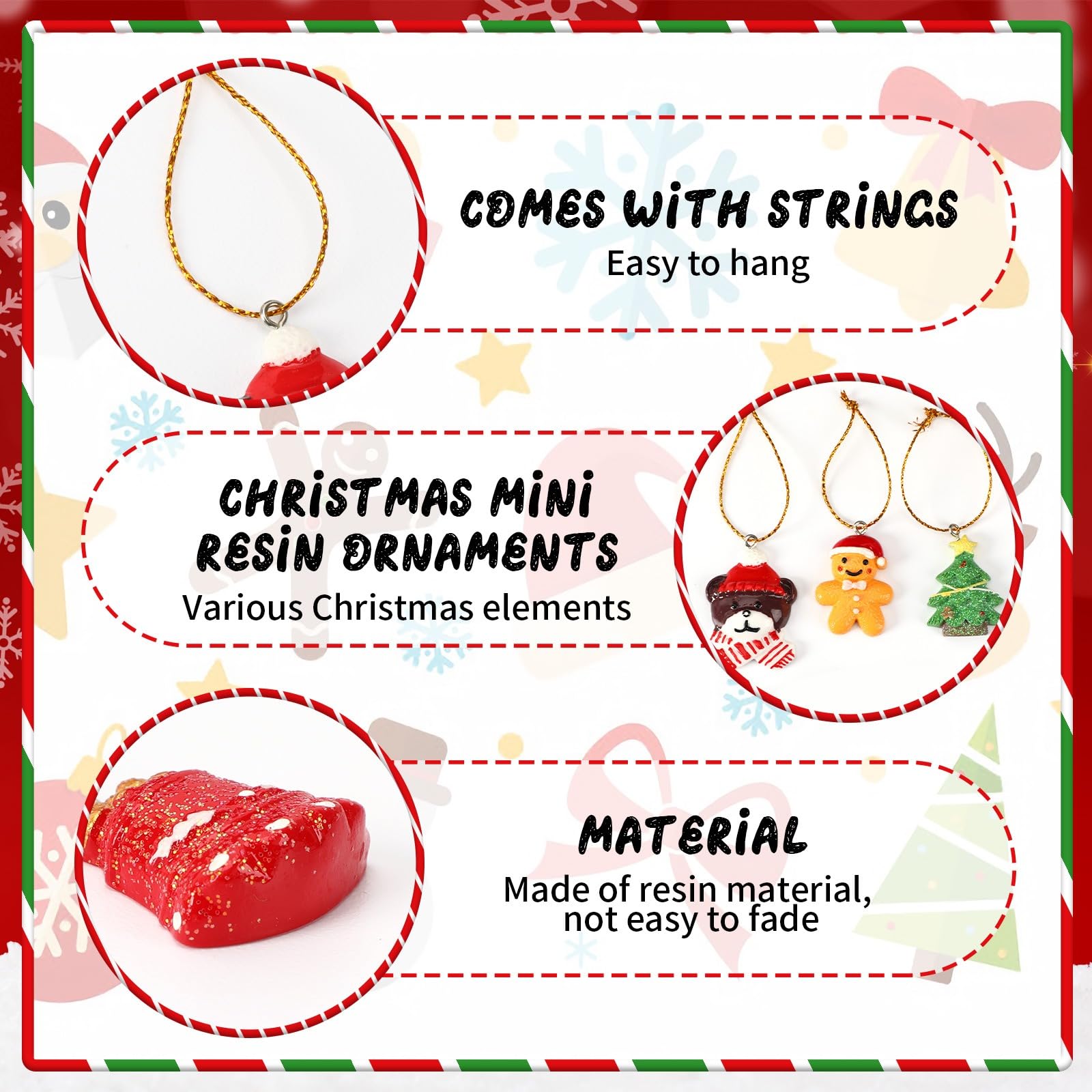 DTOFOOT 48PCS Mini Resin Christmas Ornaments Tiny Christmas Hanging Ornaments for Tree Xmas Miniatures Figurines Charms with Str