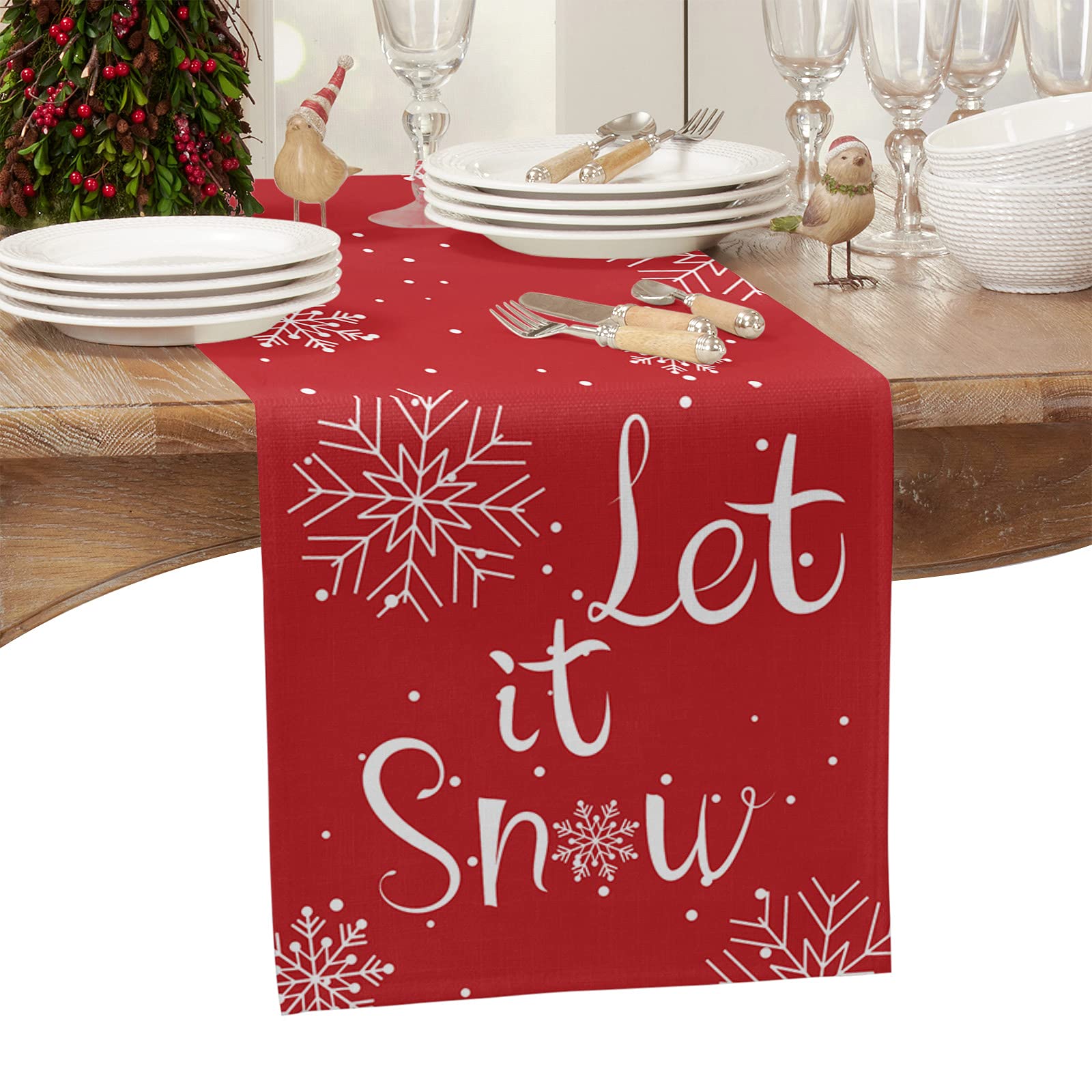 Christmas Table Runner-Cotton Linen-Let It Snow Dinner Scarf D  Cor,Long 108 Inch Holiday Winter Snowflake Dresser Scarves,Farmh