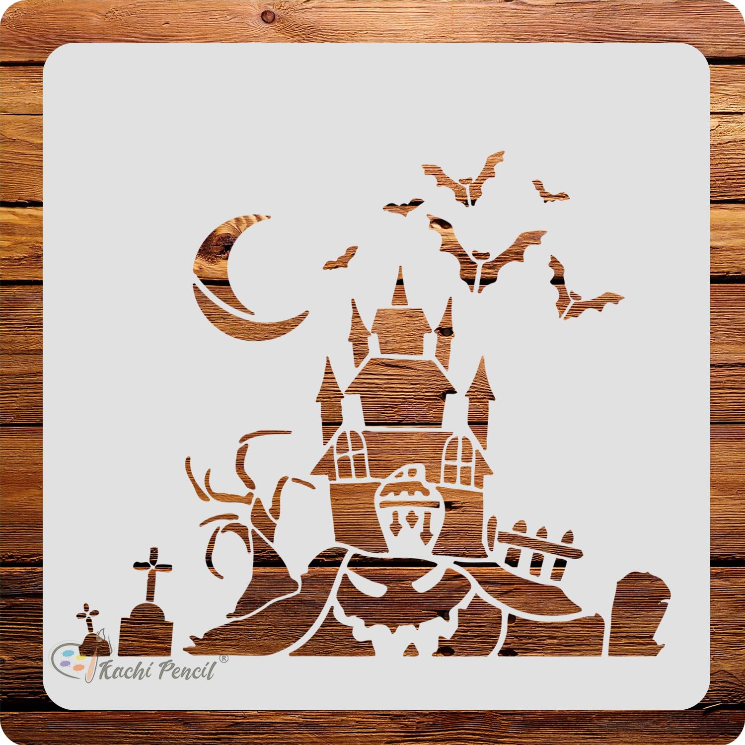 Kachi Pencil Haunted House Stencil For Craft Painting, Scrapbooking |, Size 6X6 Inch Reusable Stencils For Painting On Wall, Fab
