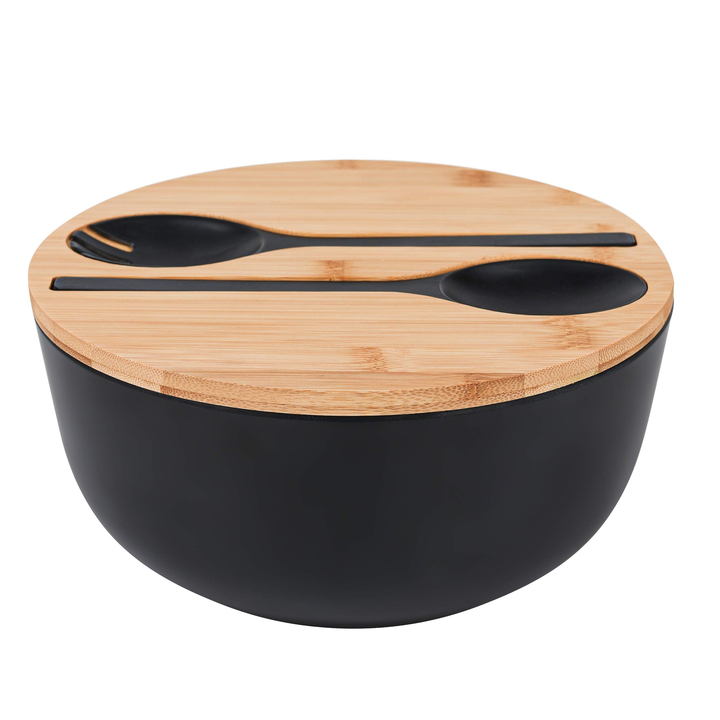 Gehe Bamboo Fiber Salad Bowl With Servers Set - Large 9.8 Inches Mixing Bowls Solid Bamboo Salad Wooden Bowl With Bamboo Lid Spo