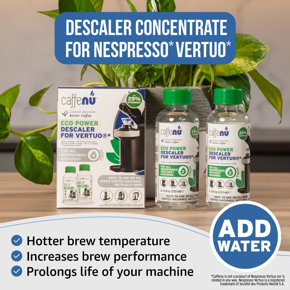 Nespresso Compatible Descaling Kit. 2 Bottles Of Vertuo Descaler Solution. Removes Limescale For Hotter Coffee. 4 Uses Descaler