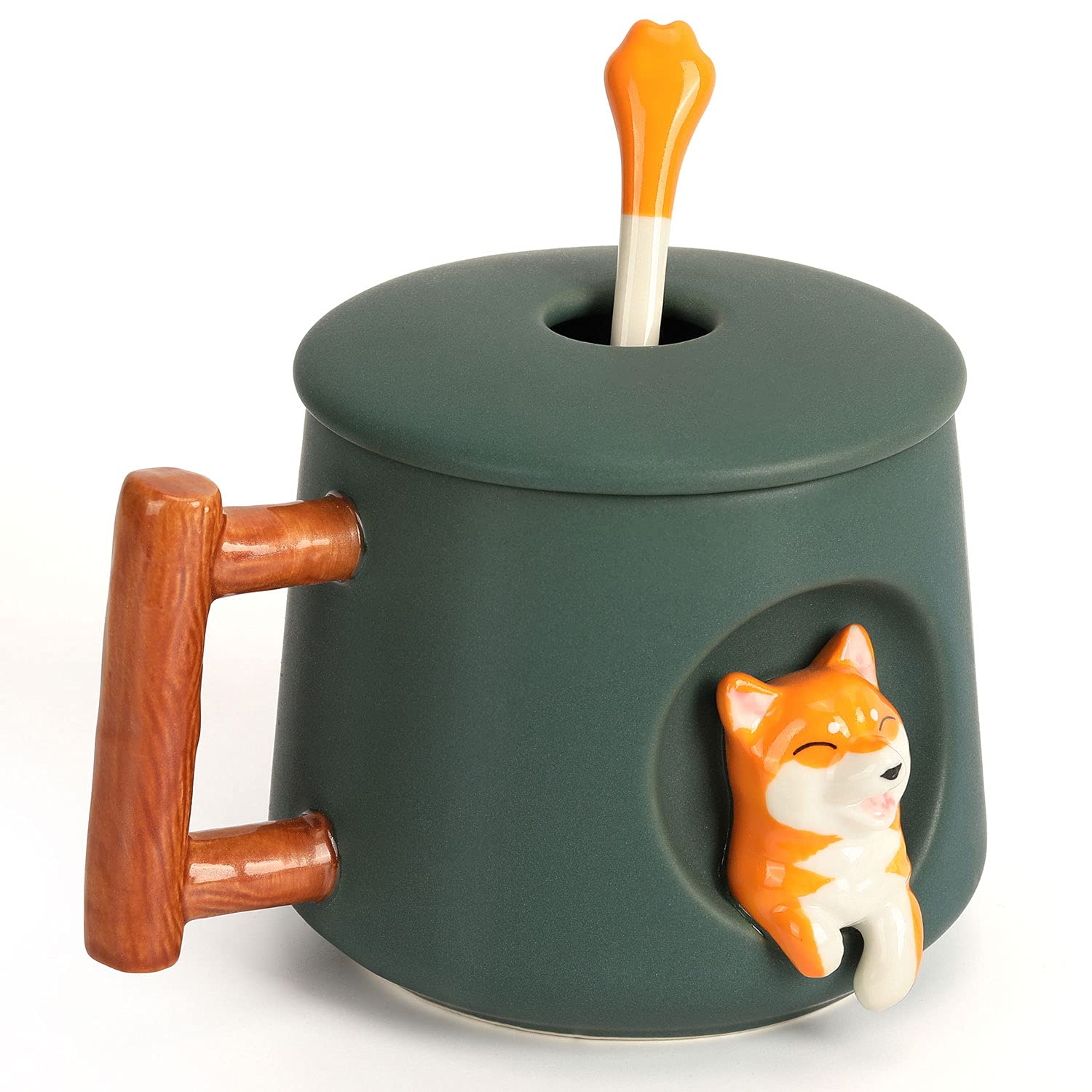 YLOKO Cute Ceramic Coffee Mug with 3D Shiba Inu, Cute Mugs with Lid Paw Spoon, Novelty Morning Tea Mug, Birthday Gifts for Women