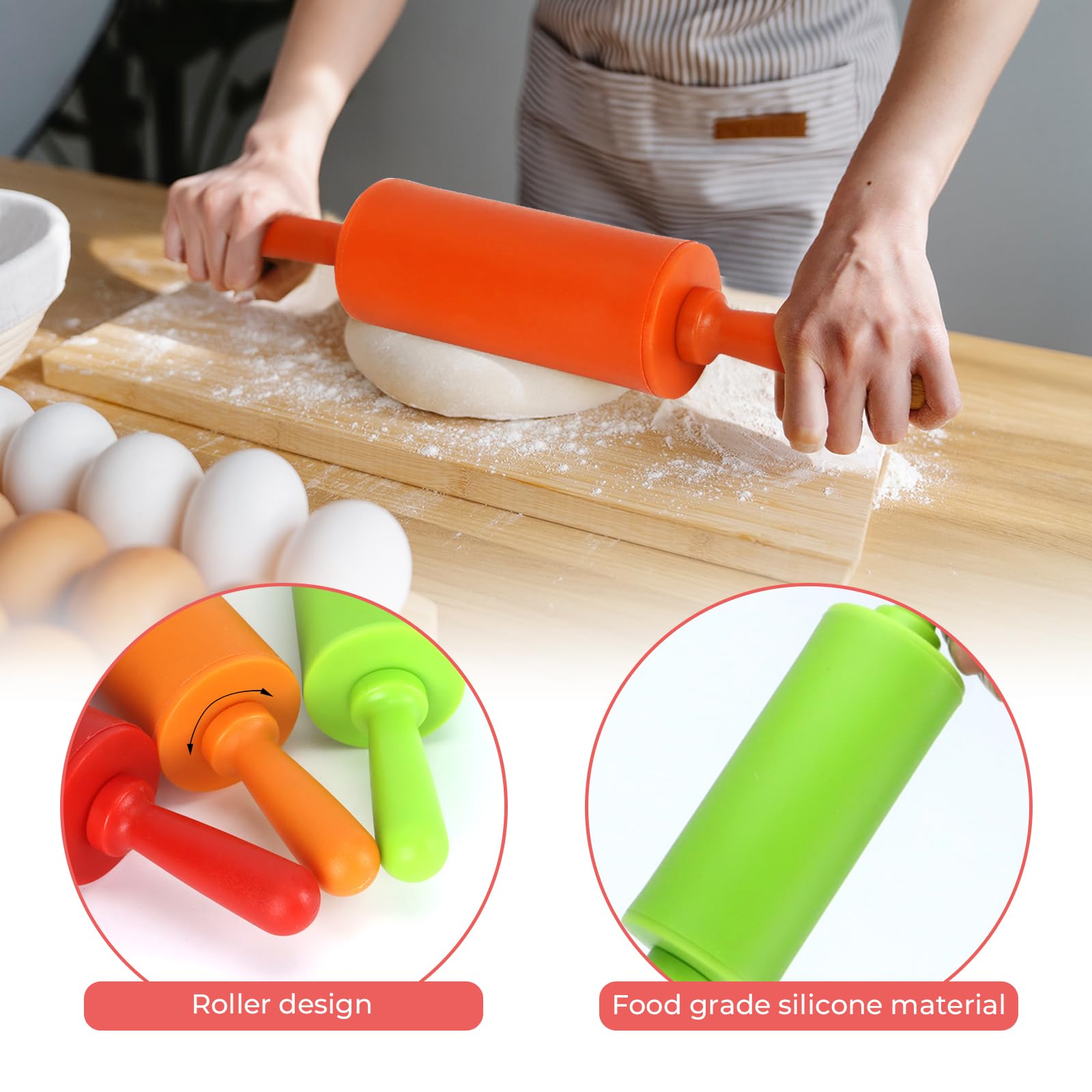 Faxco 4 Pack Mini Rolling Pin For Kids, 9 Inch Plastic Handle Rolling Pin Non-Stick Silicone Rolling Pins For Children Cake Baki