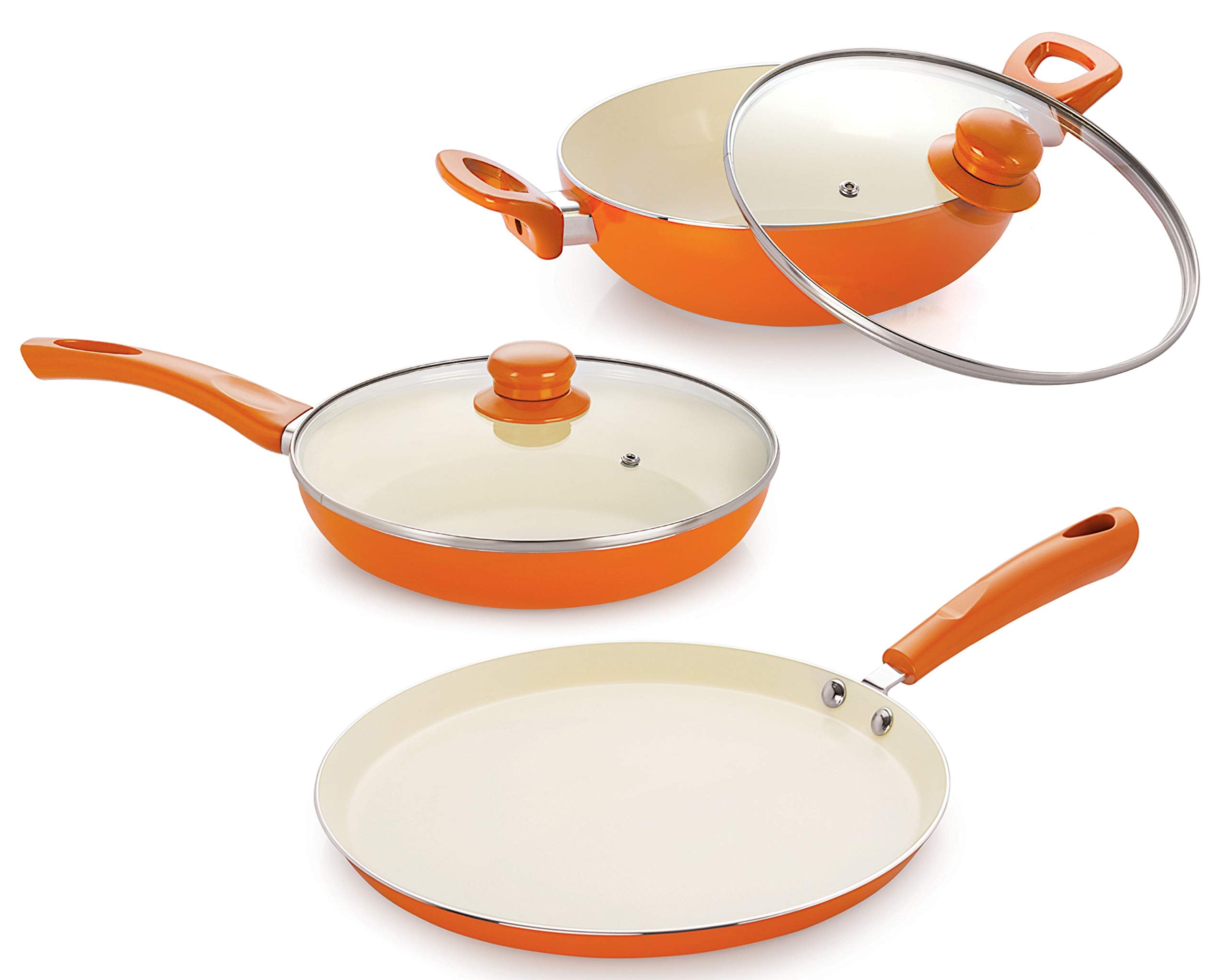 Nirlon New 4 Layer Reinforced Ceramic NonStick Scratch Resistant Coating Pots & Pans With Induction Base & Glass Lid, Metal Spo