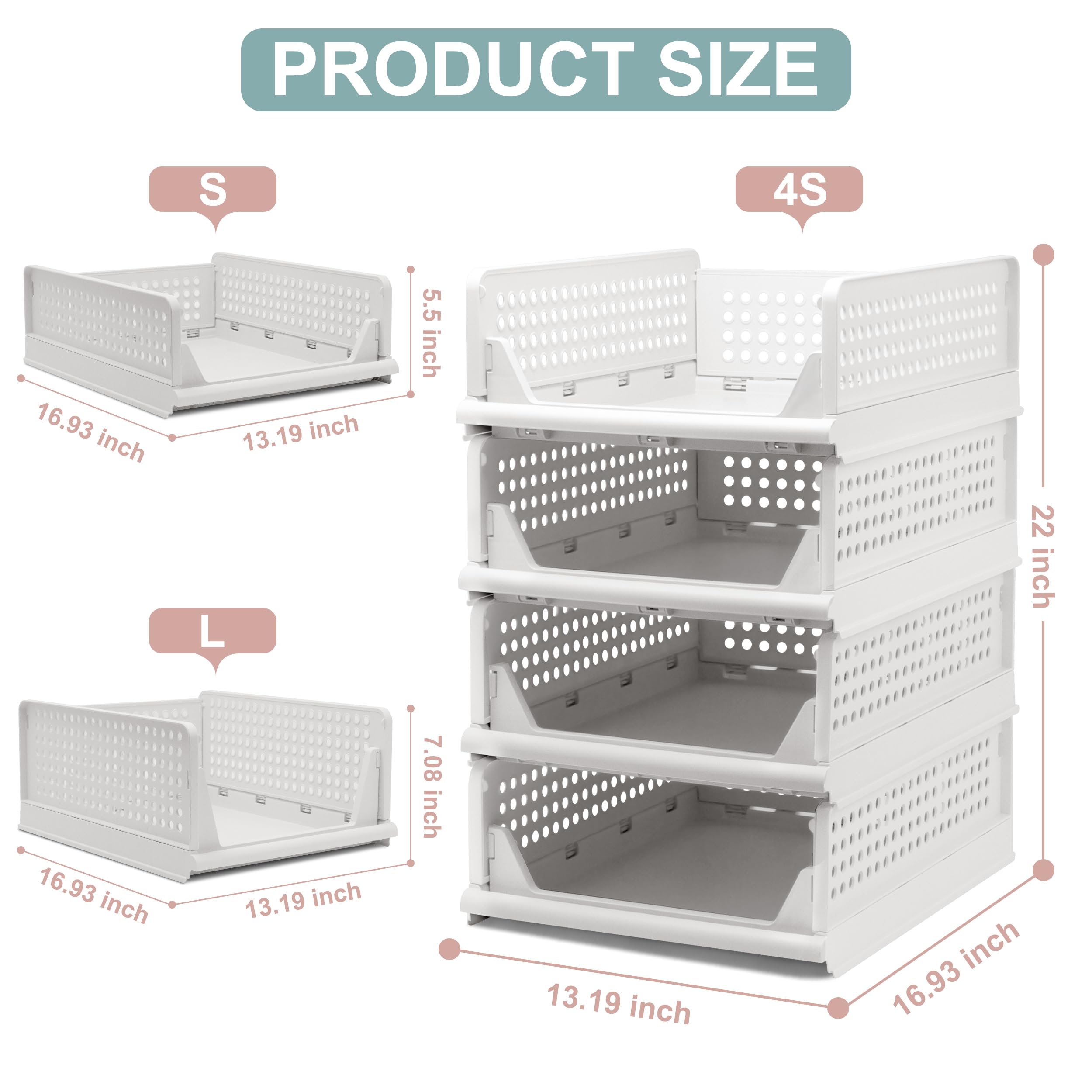 Stackable Foldable Storage Baskets, Folding Storage Bins, Closet Organizers and Plastic Drawer Shelf Storage Container for Wardr