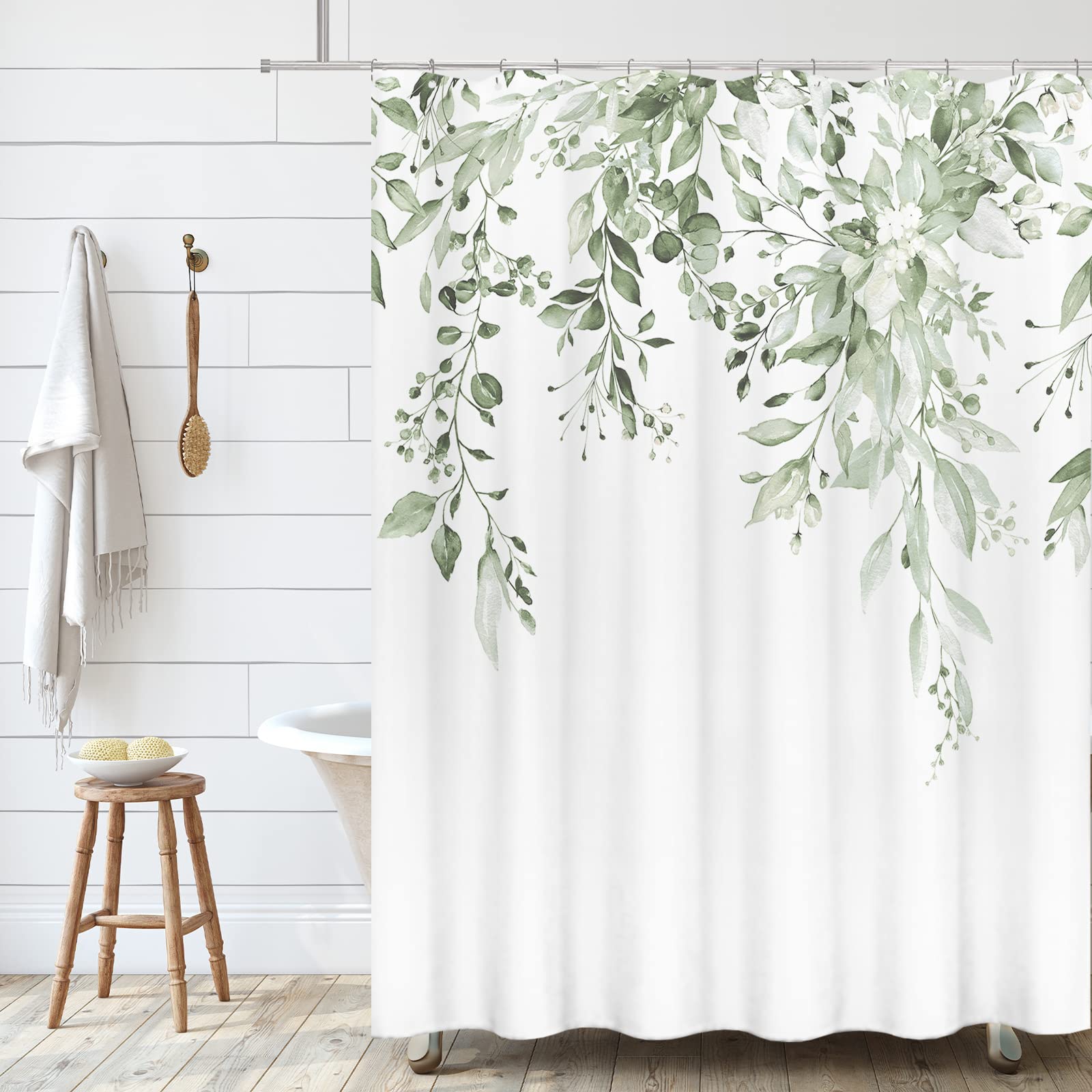 Tititex Lime Light Green Eucalyptus Shower Curtain Sets, Watercolor Leaves On The Top Plant With Floral Bathroom Decoration 72X8