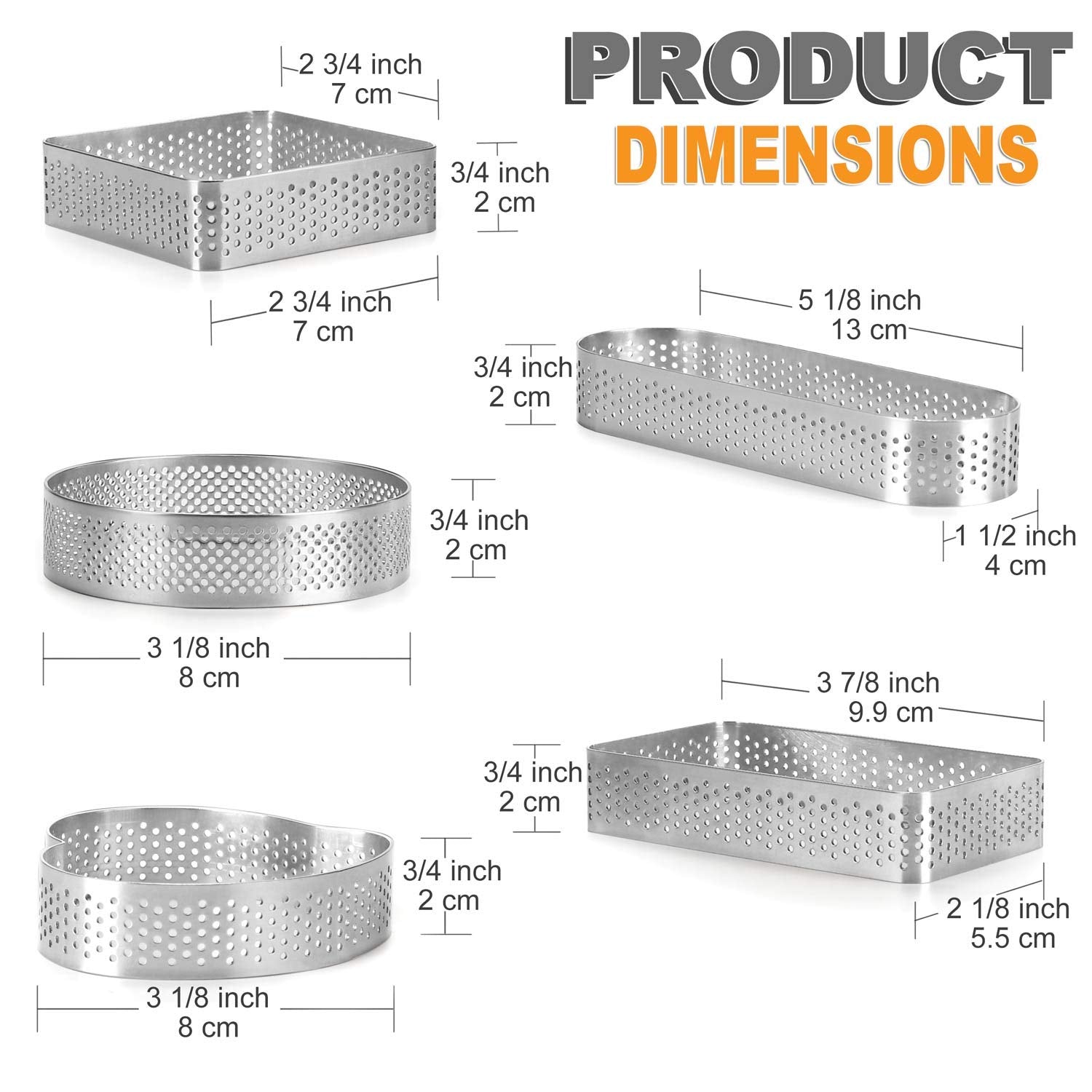 Fangsun Tart Ring For Baking, Stainless Steel Perforated Pastry Ring Mold For French Tarte, 5 Shape Tart Rings With Gift Package