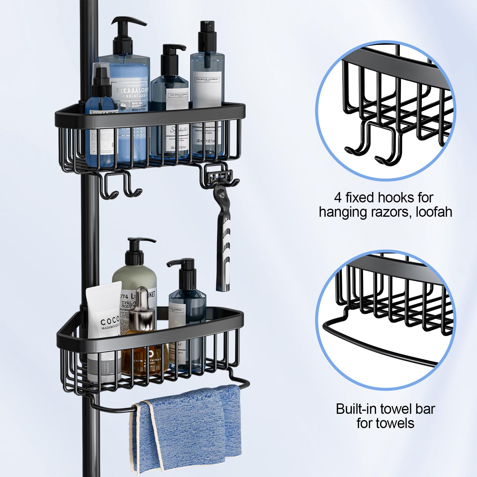 Corner Shower Caddy Tension Pole: Adjustable Rustproof 4-Tier Inside Bathroom Organizer - 47-121 Inch Quick Installation Bathtub
