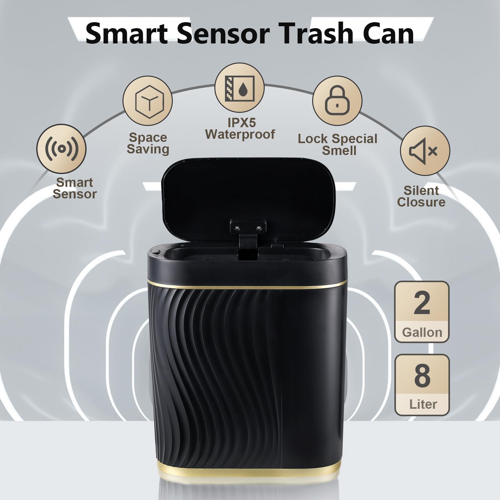 Syncvibe Bathroom Small Trash Can 2 Gallon Black Sensor Garbage Can With Lid, Plastic Automatic Trash Bin, Slim Motion Sensor Tr
