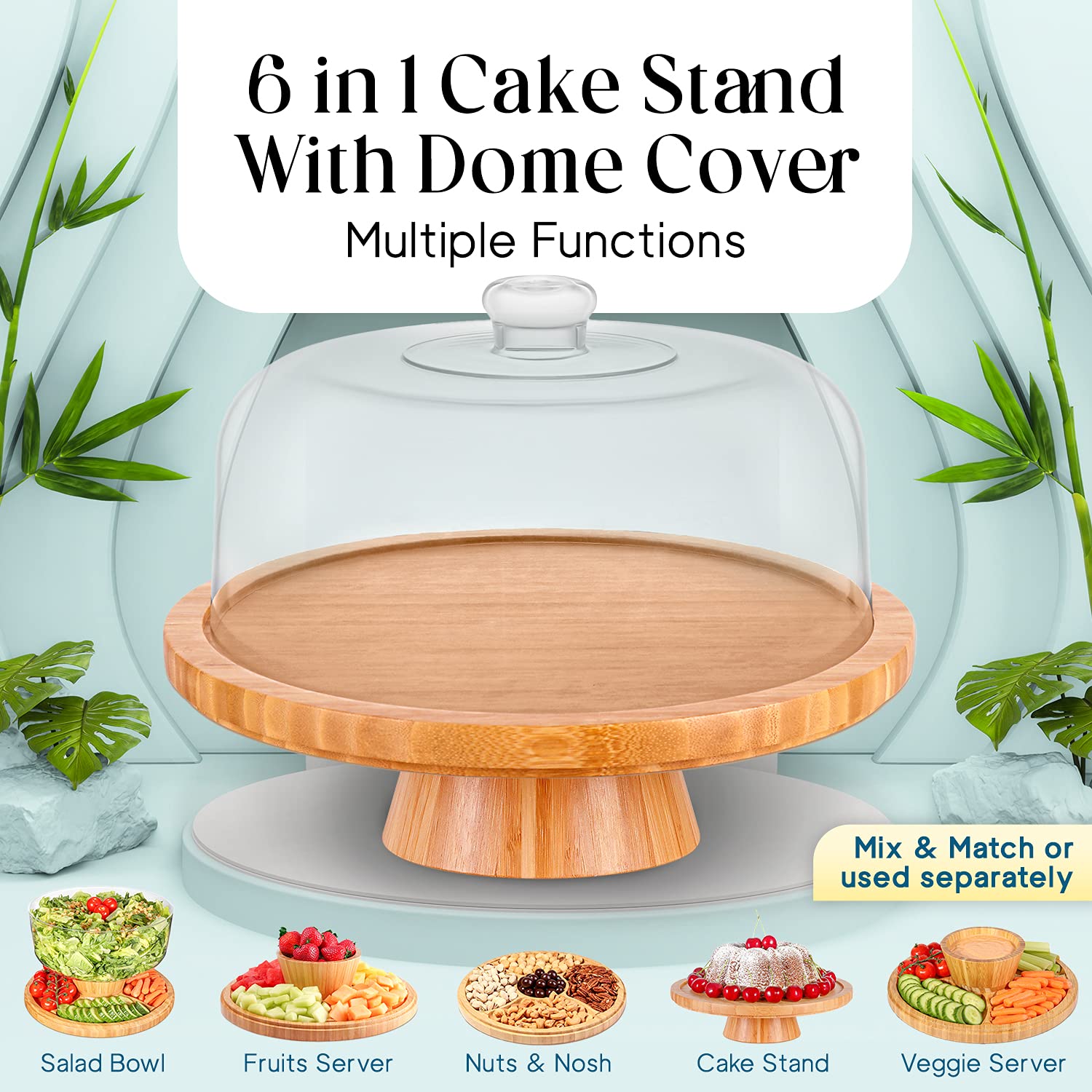 Homeries Bamboo Cake Stand With Lid, Cake Plate, (6 In 1) Multi-Functional Serving Platter, Large Cake Stand With Dome - Use As
