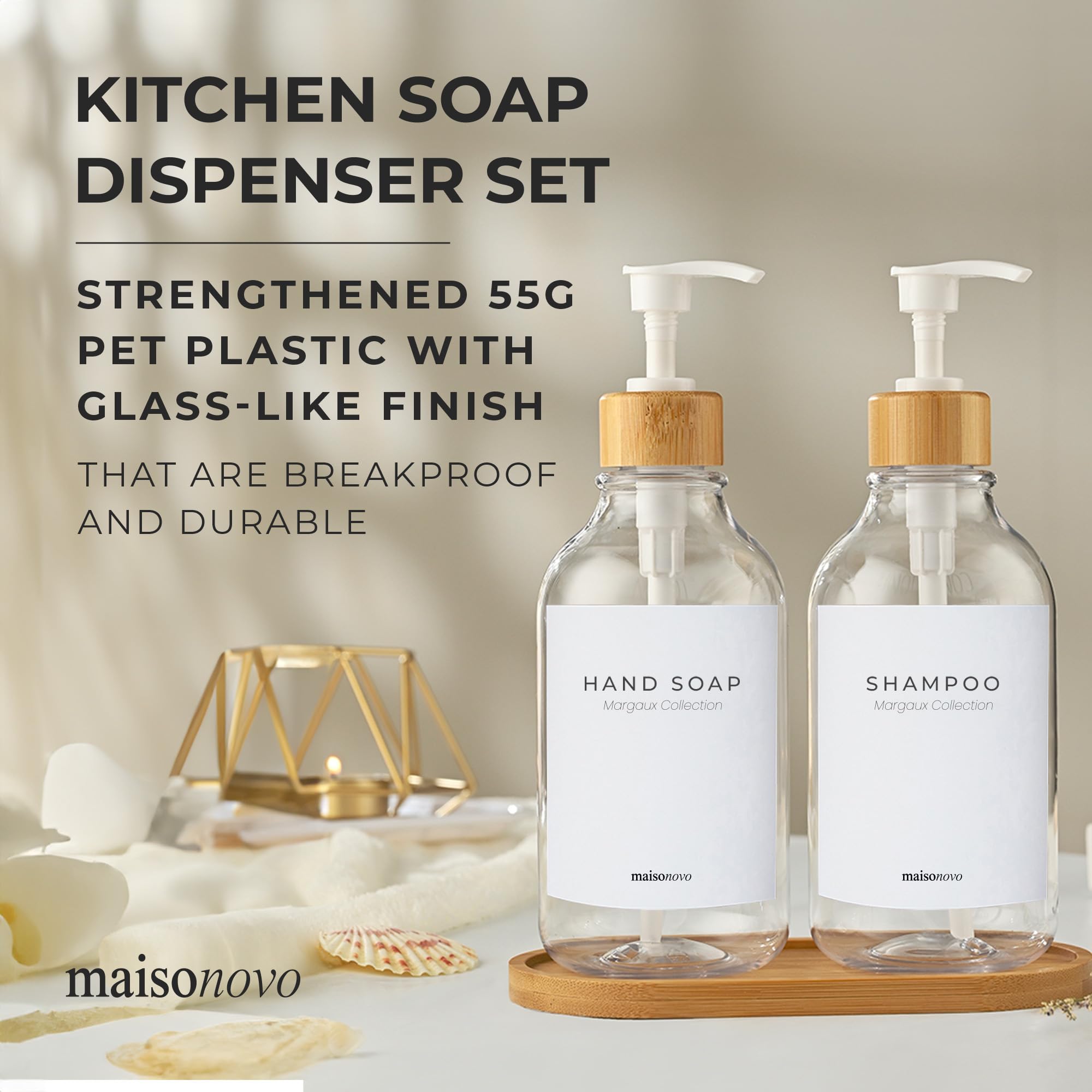 Maisonovo Kitchen Soap Dispenser Set - Plastic Soap Dispenser With Pump - Clear Bamboo White Pump 16.9 Fl Oz - Bathroom Soap Dis