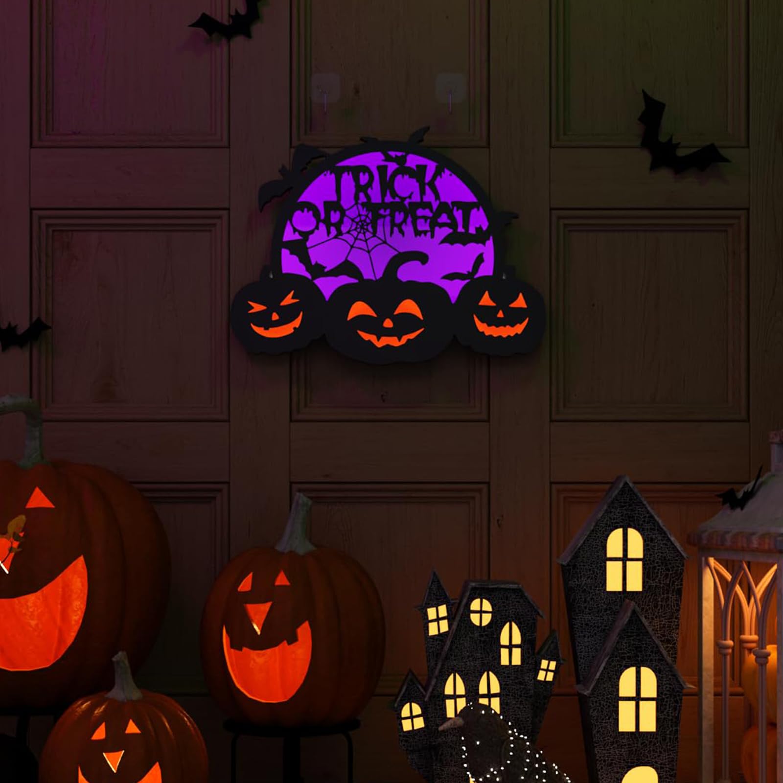 Halloween Pumpkin Lights, LED Connected Jack O Lantern With Light Up Purple Moons, Bat Spider Web & Trick or Treat Wording, USB