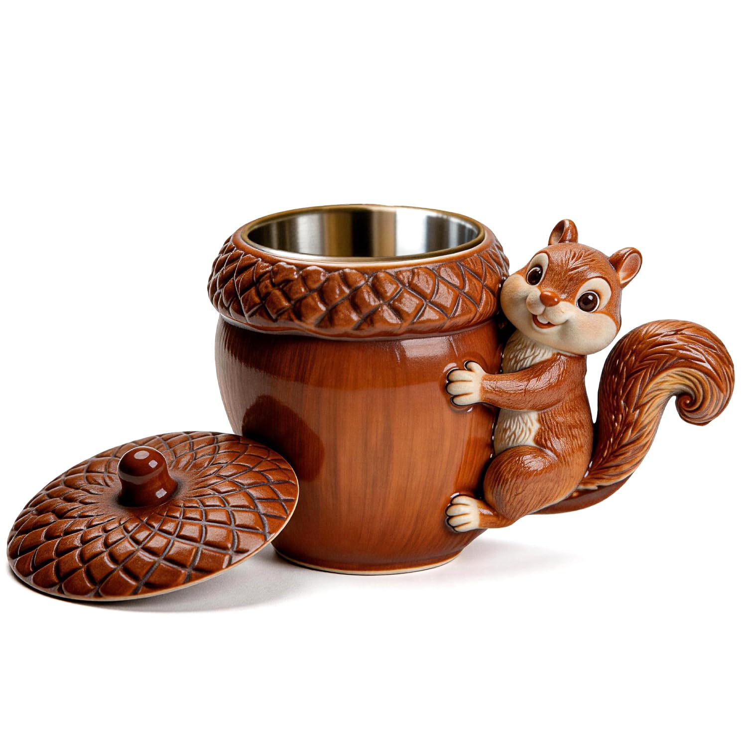 Squirrel Acorn Mug with Lid, Cute 3D Cartoon Animal Coffee Cup, Novelty Figurine Mug, Funny Squirrel Gifts for Women Men, Unique