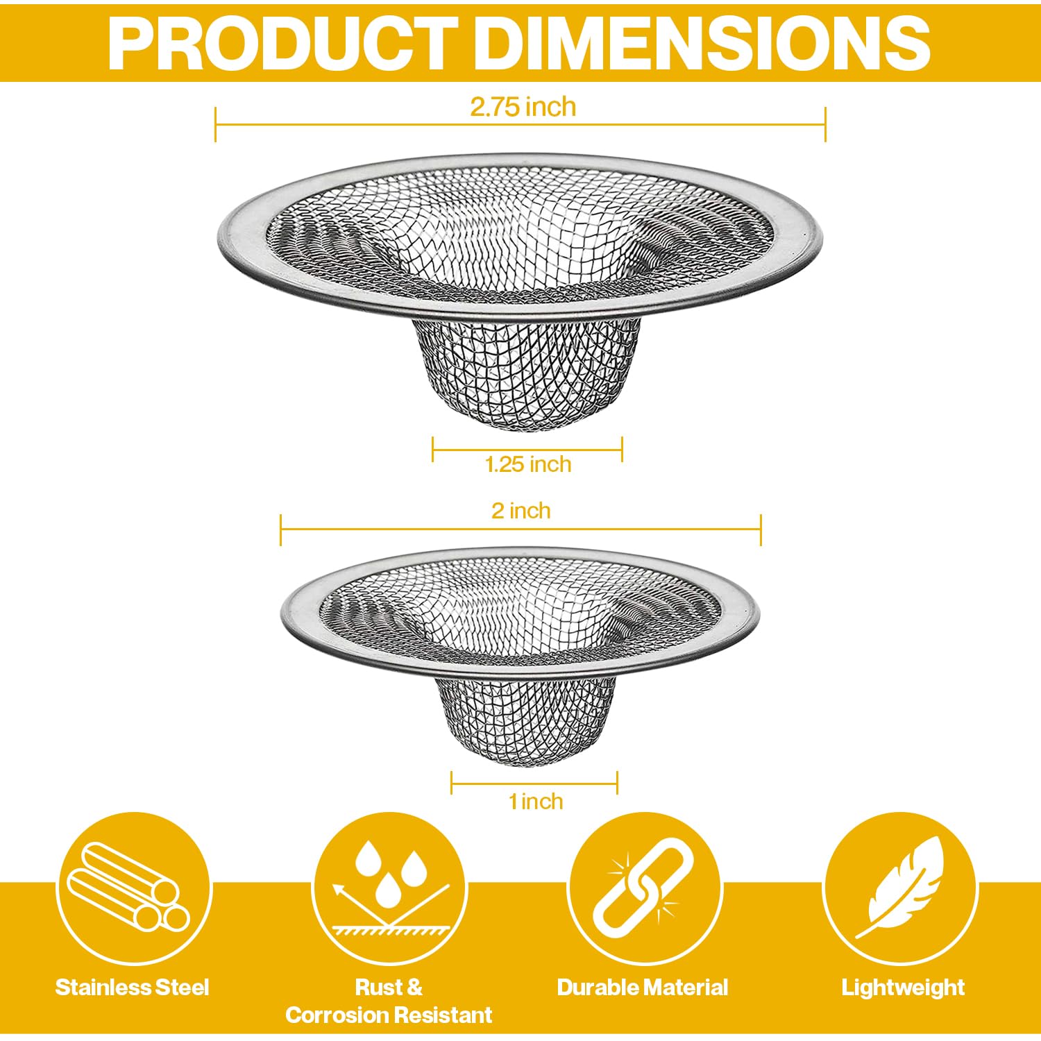 Bathroom Sink Strainer 2 Pack 2.75 & 2 ''Inch At The Top I Drain Strainer Hair Catcher for Kitchen I Shower Bathtub Mesh Stainless Steel Stopper I Sink Traps Bathroom & Laundry Sink Drain Basket Filter