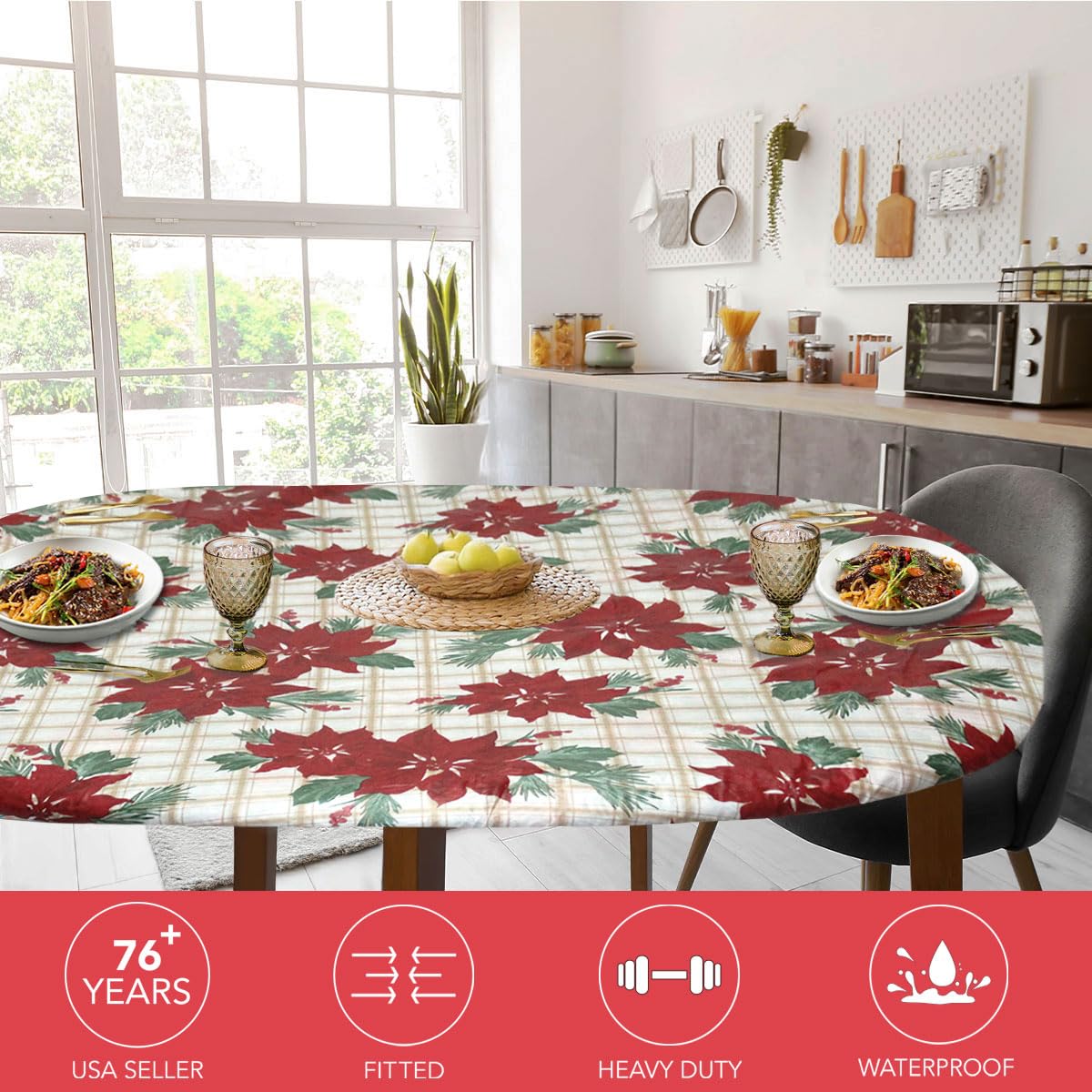 Covers For The Home Deluxe Elastic Edged Flannel Backed Vinyl Fitted Table Cover - Christmas Flower Pattern - Round Oblong Oval