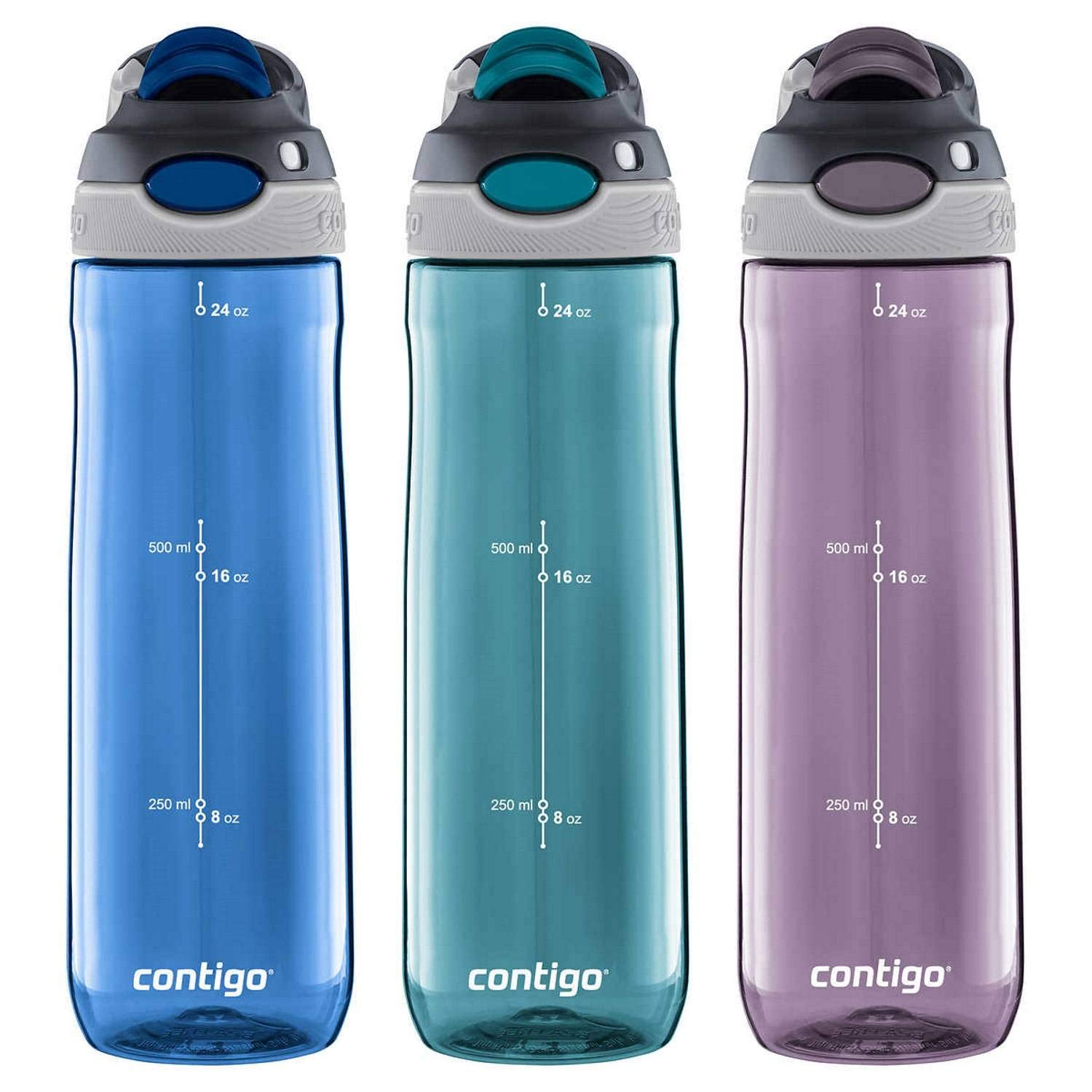 Contigo AUTOSPOUT Chug Leak-Proof Water Bottles 24oz, 3 Pack (Blue, Turquoise, Purple)