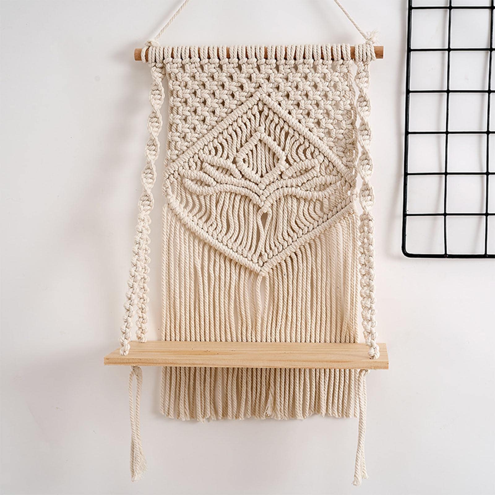 Decazone Macrame Indoor Wall Hanging Shelf Chic Decor Wood Floating Boho Shelves with Wooden Dowel Hand Woven Bohemian Decor for