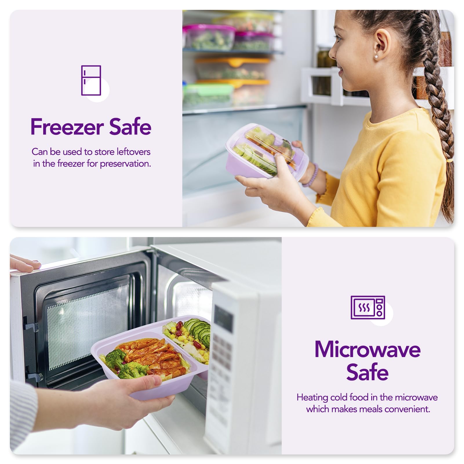 Glotoch 50 Pack Purple Meal Prep Containers Reusable 2 Compartments, Glotoch 32Oz To Go Containers For Food, Disposable Plastic