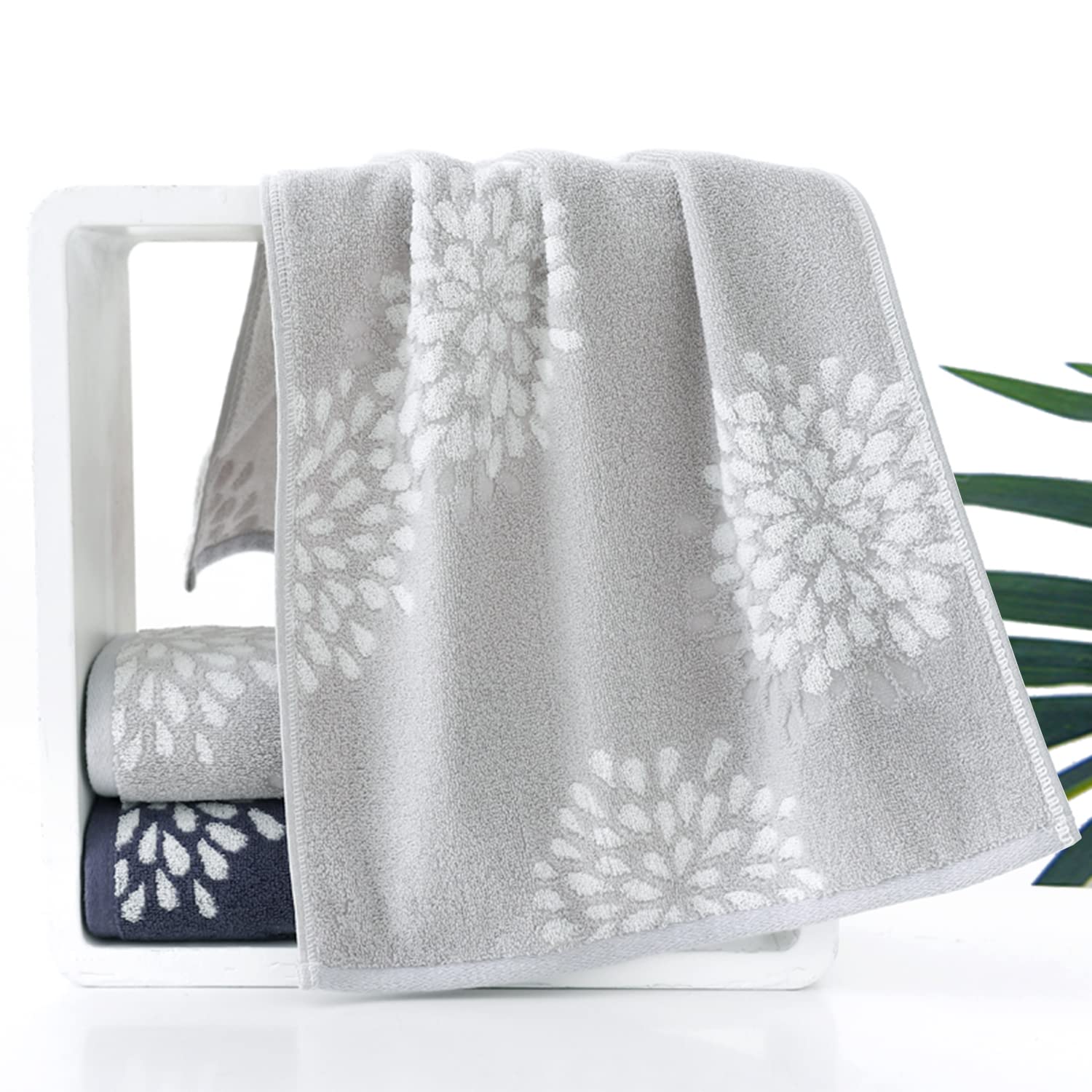 Pidada Hand Towels Set of 4 Hydrangea Floral Pattern 100% Cotton Absorbent Soft Decorative Towel for Bathroom (Light Grey)