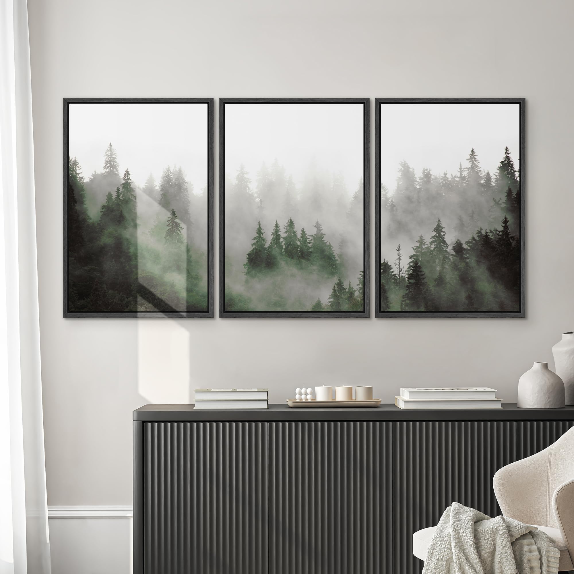 SIGNWIN Framed Canvas Print Wall Art Woodland Nursery Decor Set Fog & Mist Over Green Pine Tree Forest Nature Wilderness Modern Art Chic Landscape for Living Room  Bedroom  Office - 16''x24''x3 Black