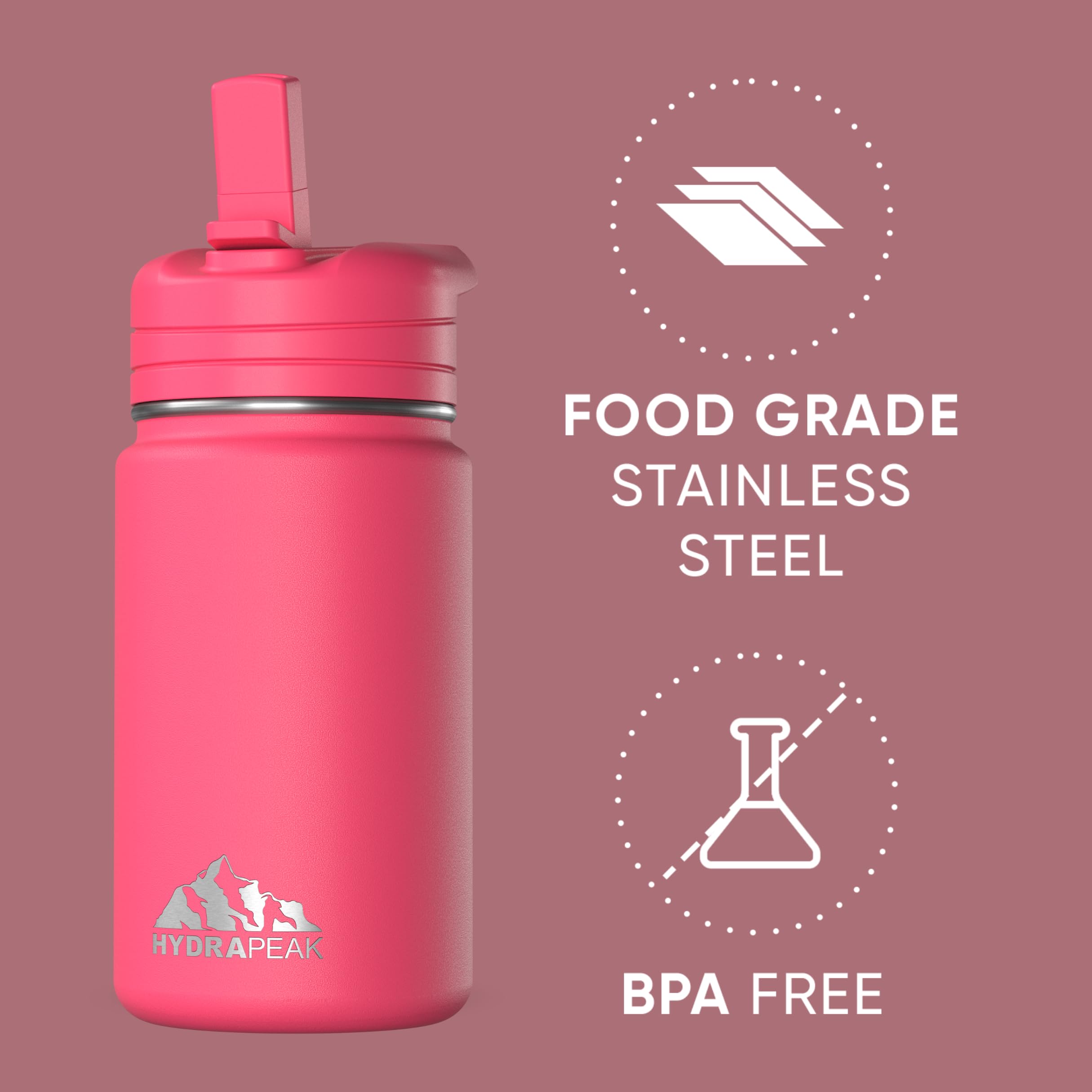 Hydrapeak Mini 14Oz Water Bottle With Straw Lid, Insulated Water Bottle, Water Bottle Stainless Steel, Water Bottles (Hot Pink)