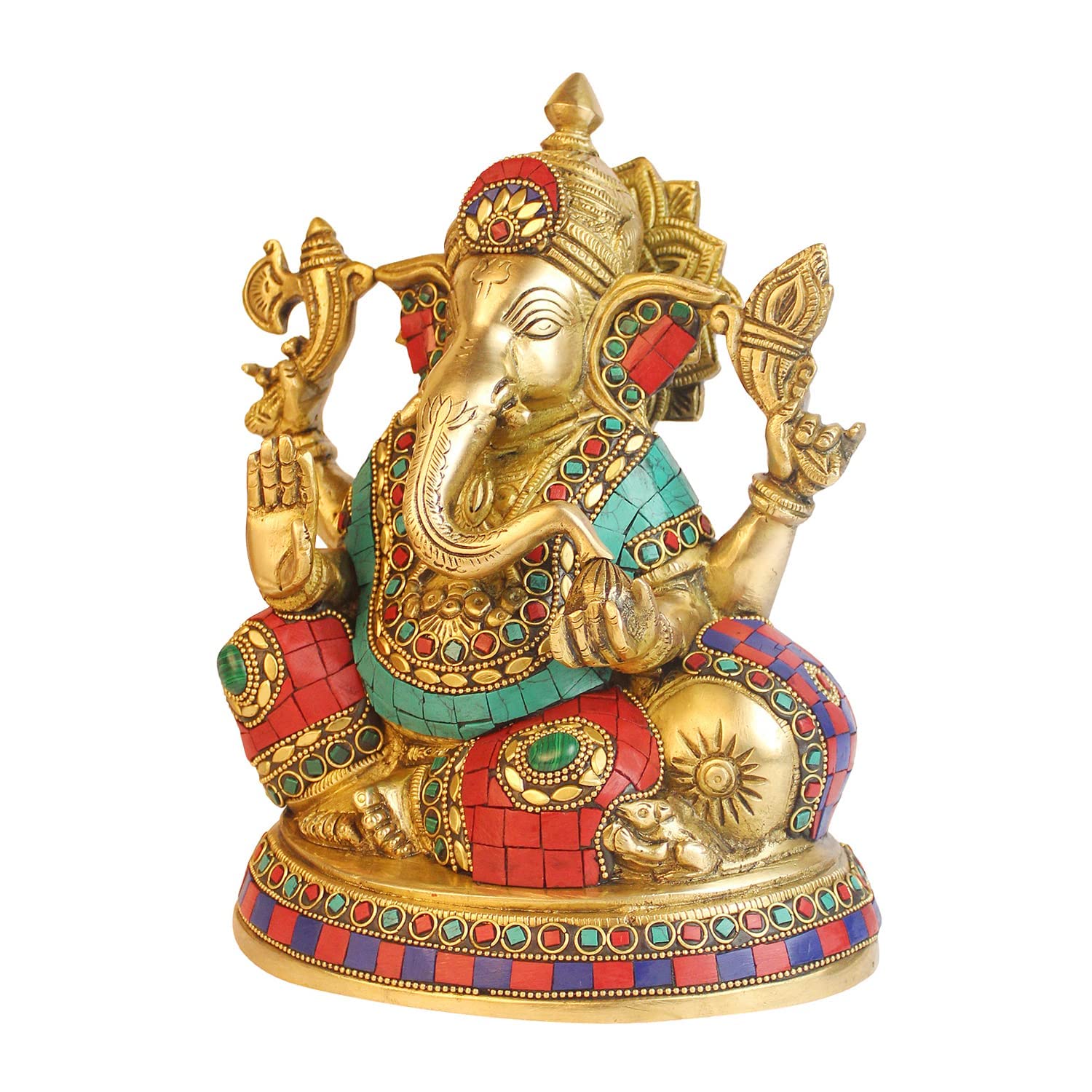 Kartique Brass Ganesh Bhagwan Idol Ganesha Statue Ganpati Murti On Round Base In Blessing Posture With Multicolor Stone Work