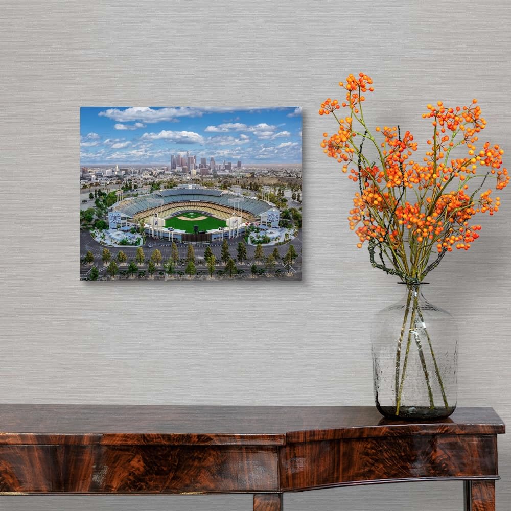 CANVAS ON DEMAND Los Angeles Dodger Stadium Canvas Print, 14"x11", Artist-Grade Canvas, White, Dark Forest Green, Blue, Light Gray