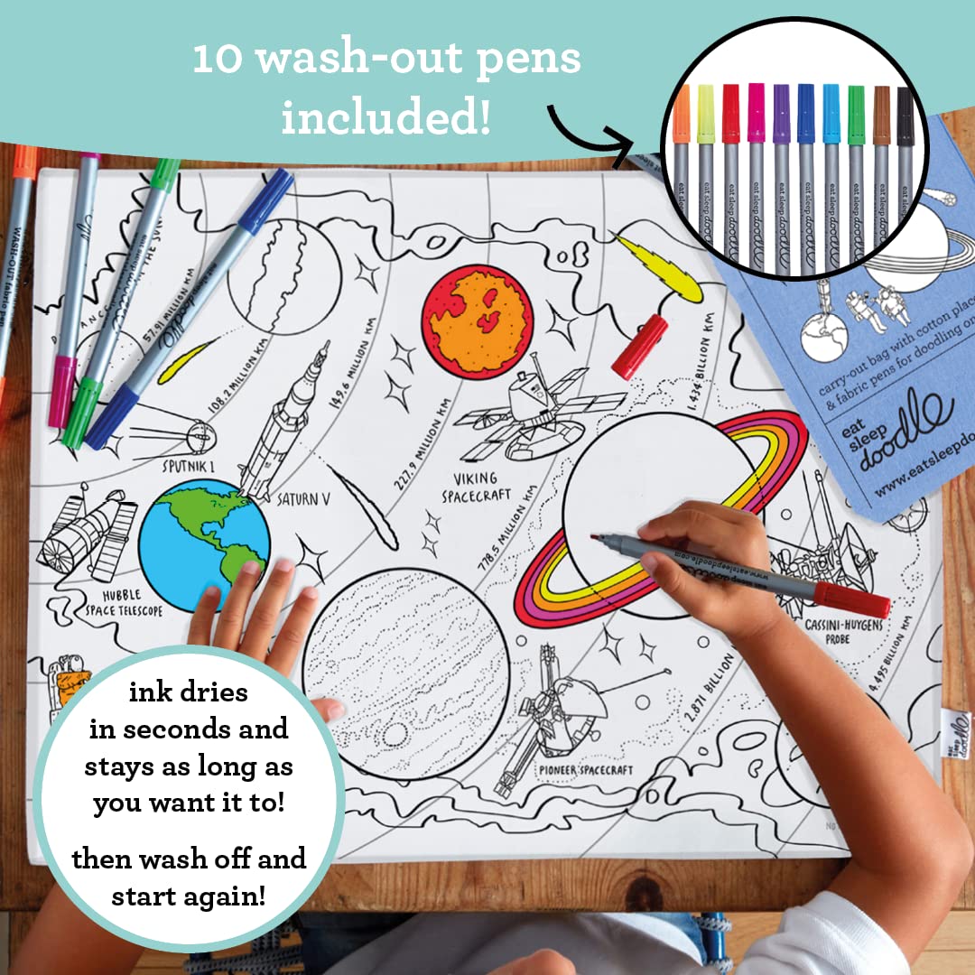 Eatsleepdoodle Space, Planets And Spacecraft Cotton Placemat To Color-In, Educational Solar System Coloring Placemat, Washable F