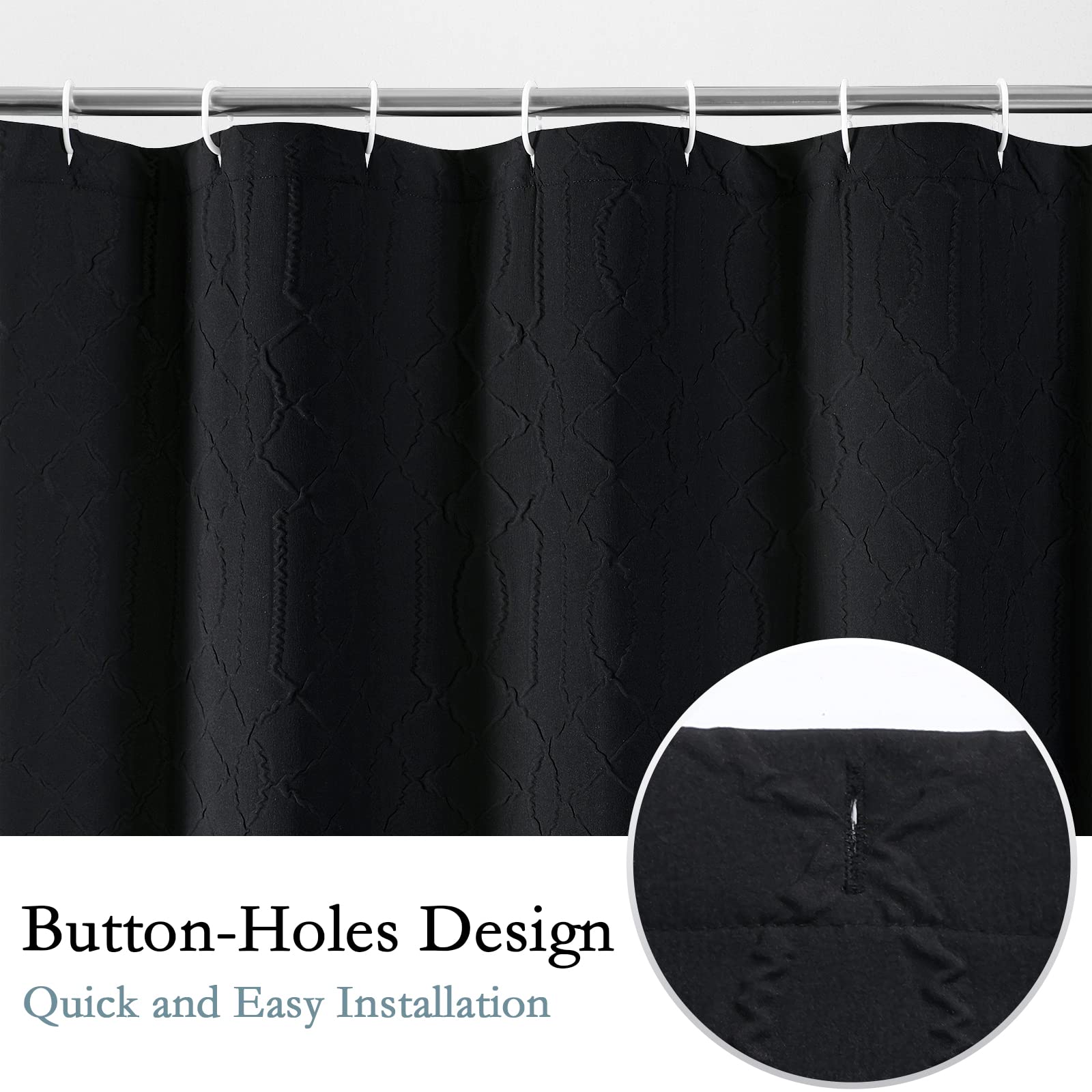 Gibelle Black Shower Curtain For Bathroom, 3D Embossed Geometric Textured Fabric Shower Curtain Set With Hooks, Modern Farmhouse
