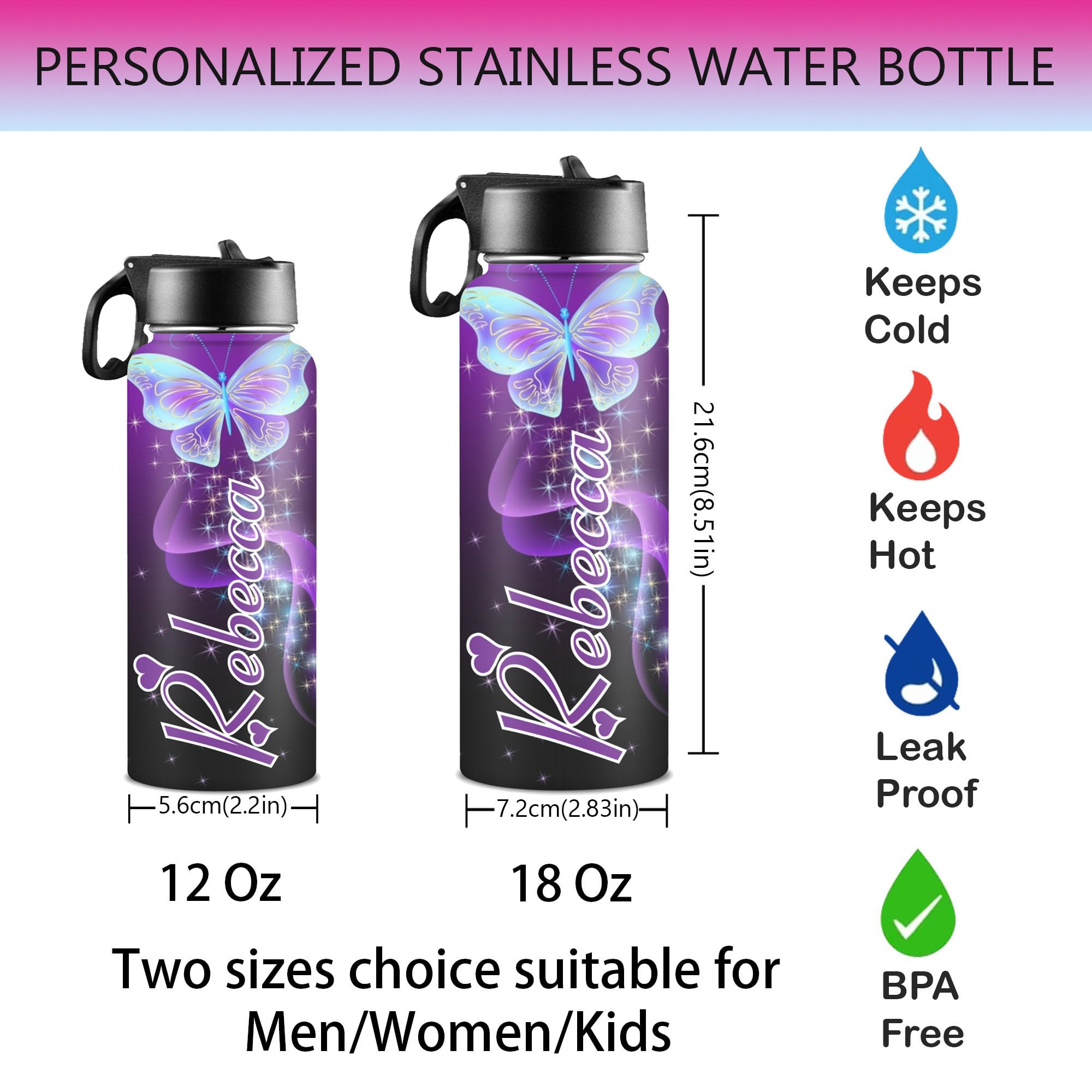 Personalized Water Bottles For Kids For School With Name Or Text Custom Insulated Stainless Steel Sports Water Bottle With Straw
