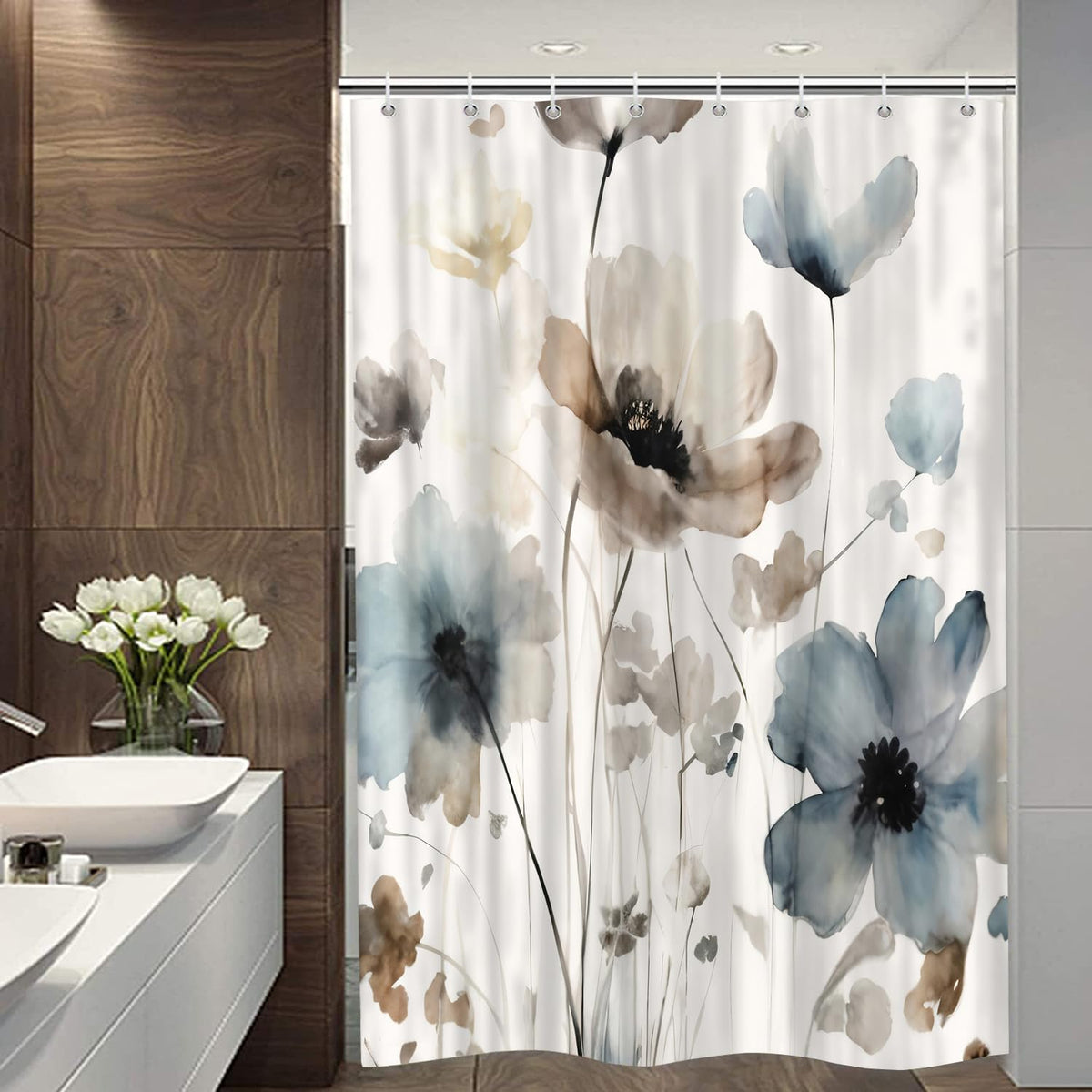 Sanzugh Boho Floral Camper Rv Shower Curtain For Travel Trailer Bathroom, Cream Tan Beige Blue Camping Small Fabric Shower Curta
