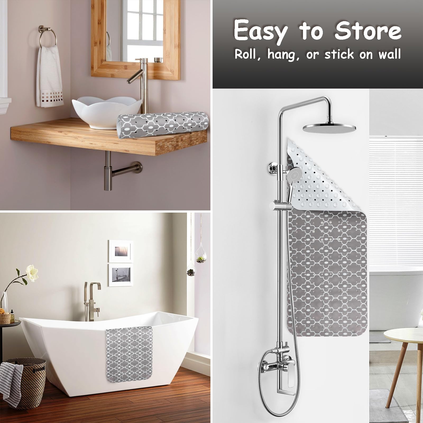 Bathtub Mat Non Slip, Grey Extra Long Bath Tub Mat Shower Floor Mat With Suction Cups And Drain Holes For Adults Kids Elderly 40