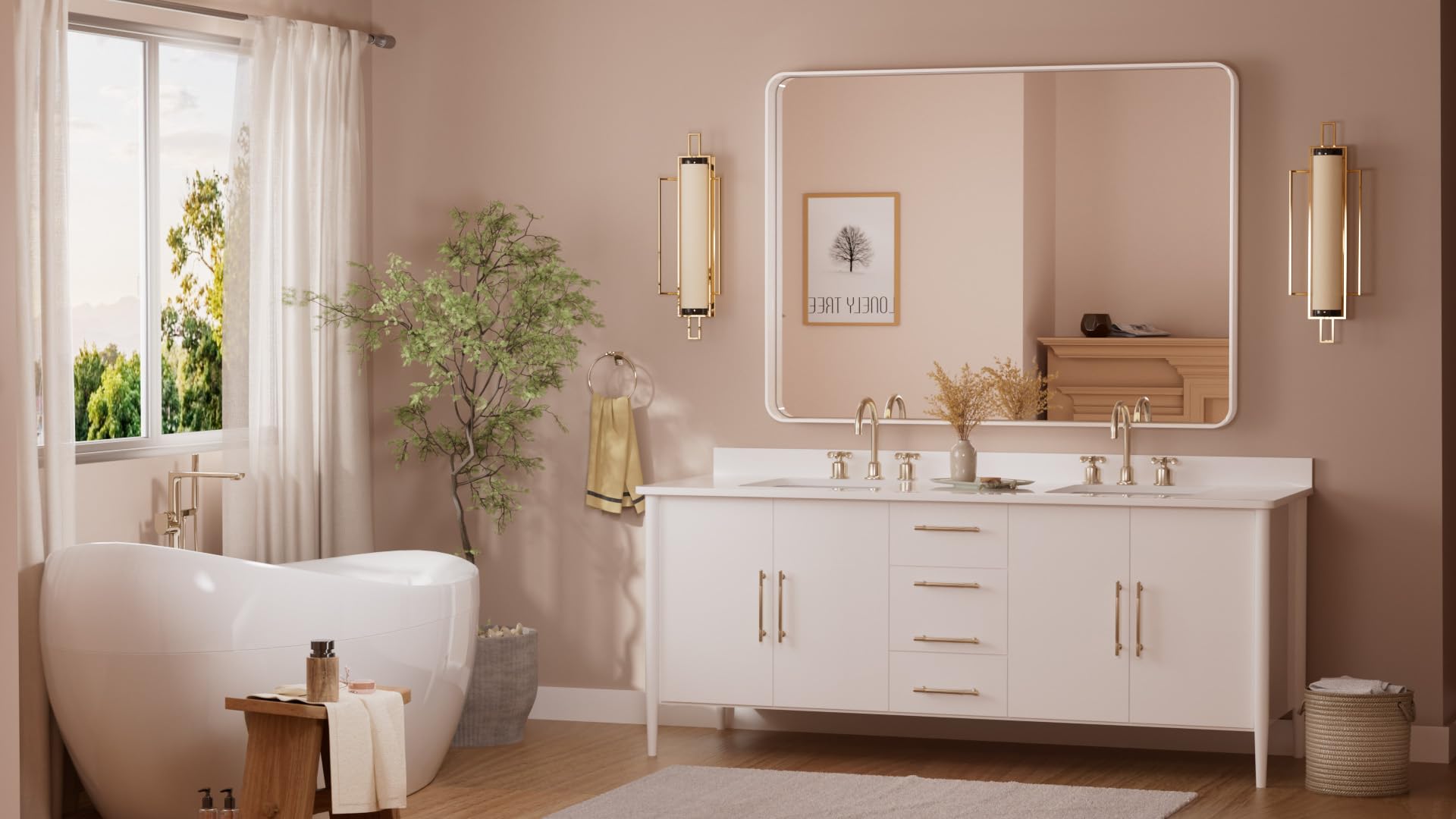 Tetote 48 X 36 White Mirror For Bathroom Metal Frame Wall Mounted Rectangle Mirror For Vanity With Sandy Textured Surface(Horizo