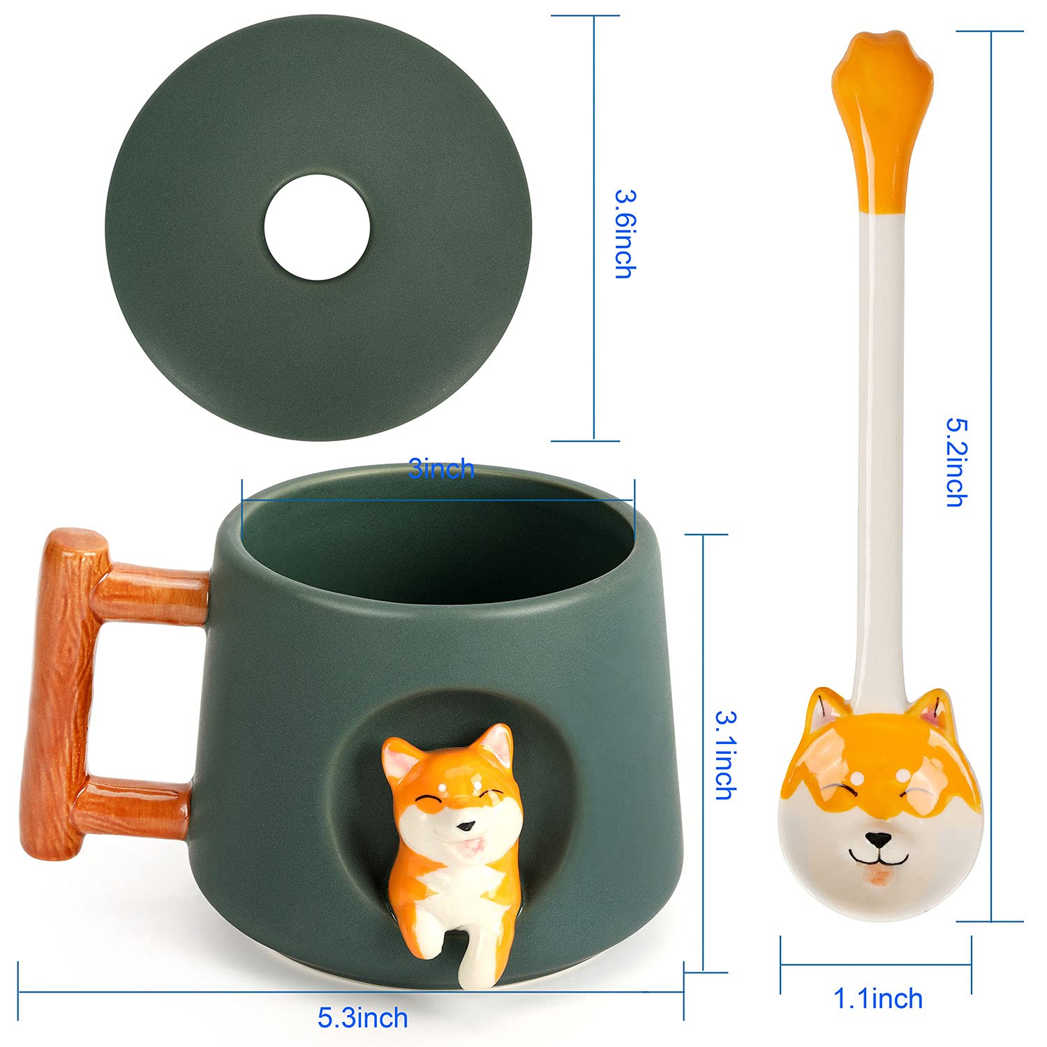 YLOKO Cute Ceramic Coffee Mug with 3D Shiba Inu, Cute Mugs with Lid Paw Spoon, Novelty Morning Tea Mug, Birthday Gifts for Women
