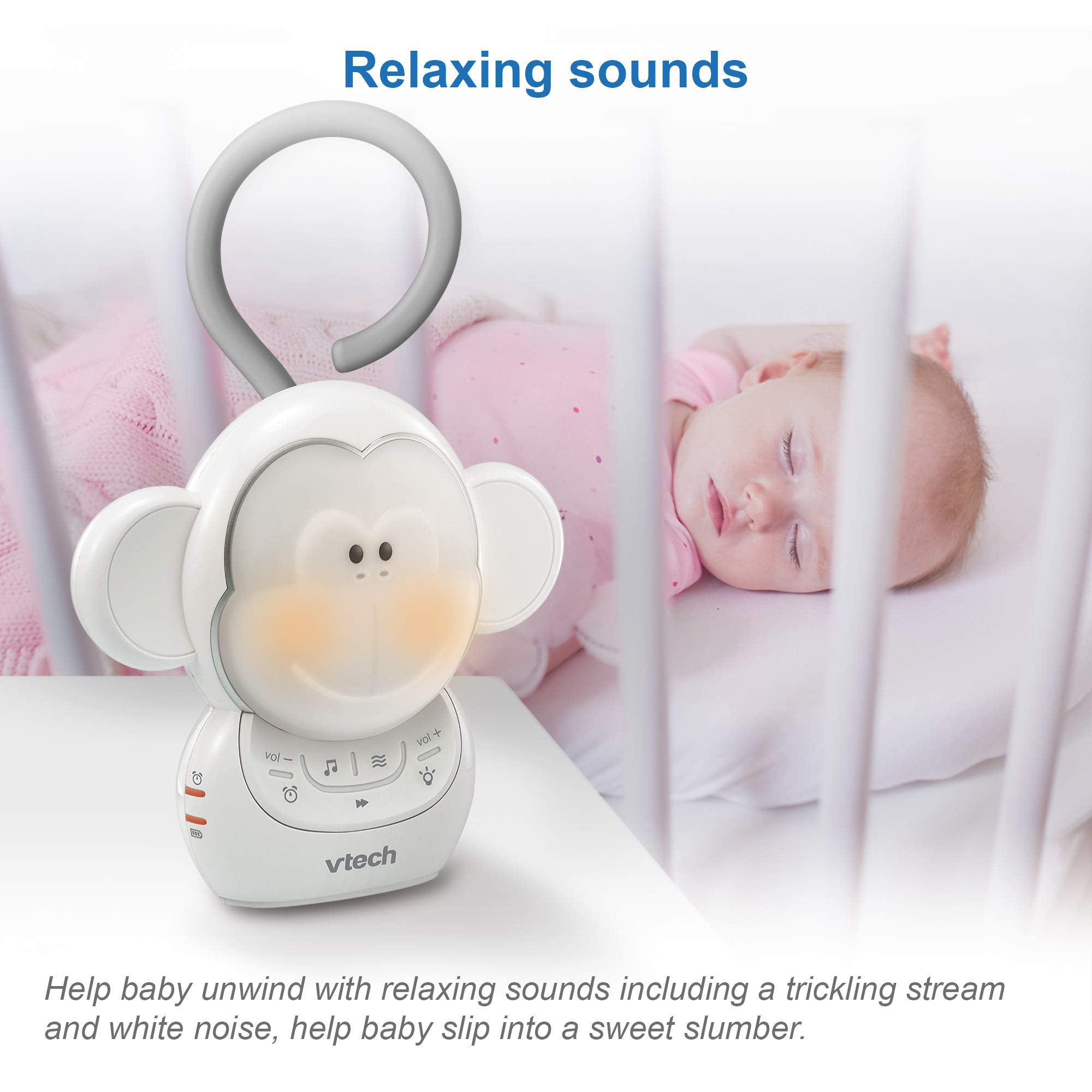VTech BC8211 Myla The Monkey Baby Sleep Soother with a White Noise Sound Machine Featuring 5 Soft Ambient Sounds  5 Calming Melodies & Soft-Glow Night Light  1 Count (Pack of 1)