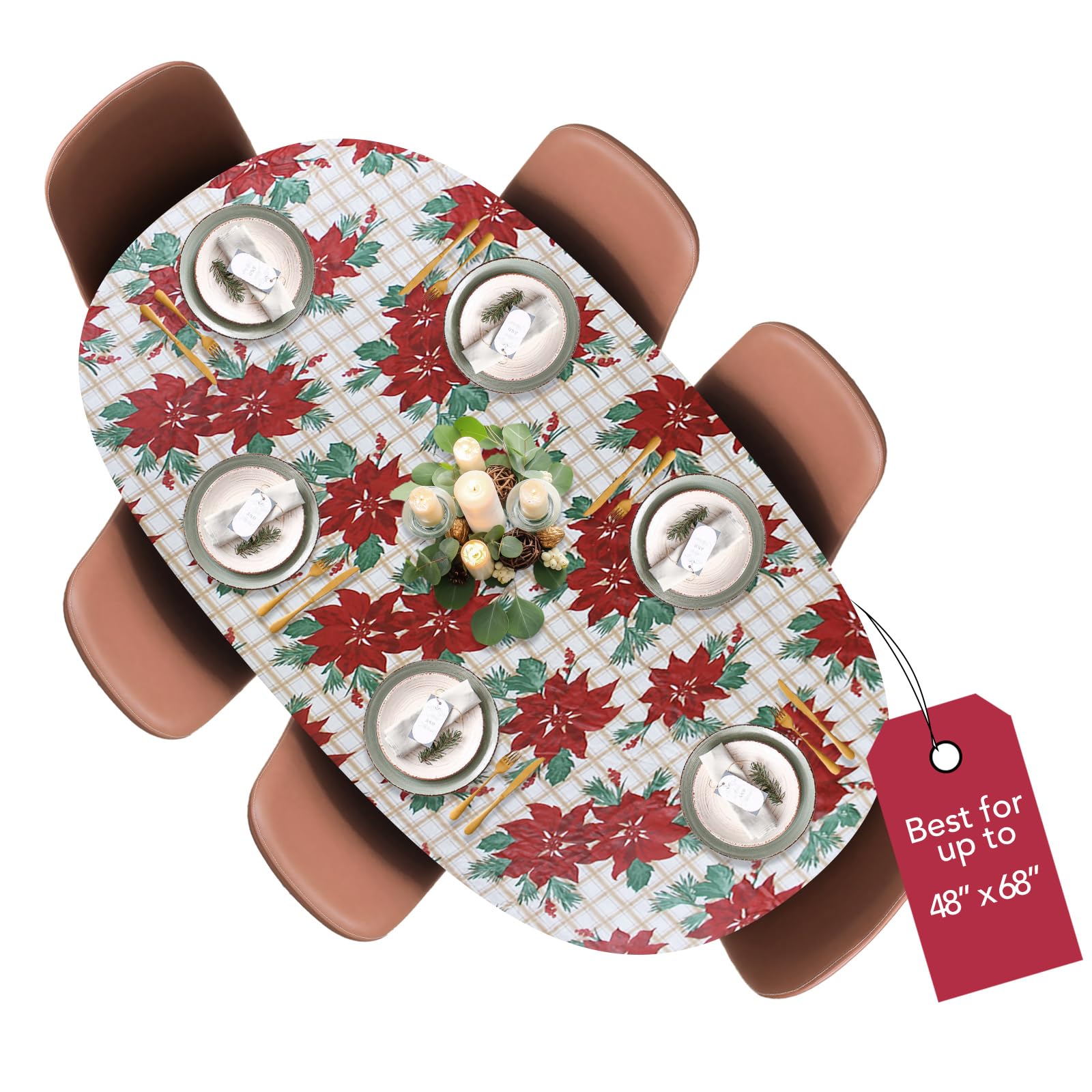 Covers For The Home Deluxe Elastic Edged Flannel Backed Vinyl Fitted Table Cover - Christmas Flower Pattern - Round Oblong Oval 