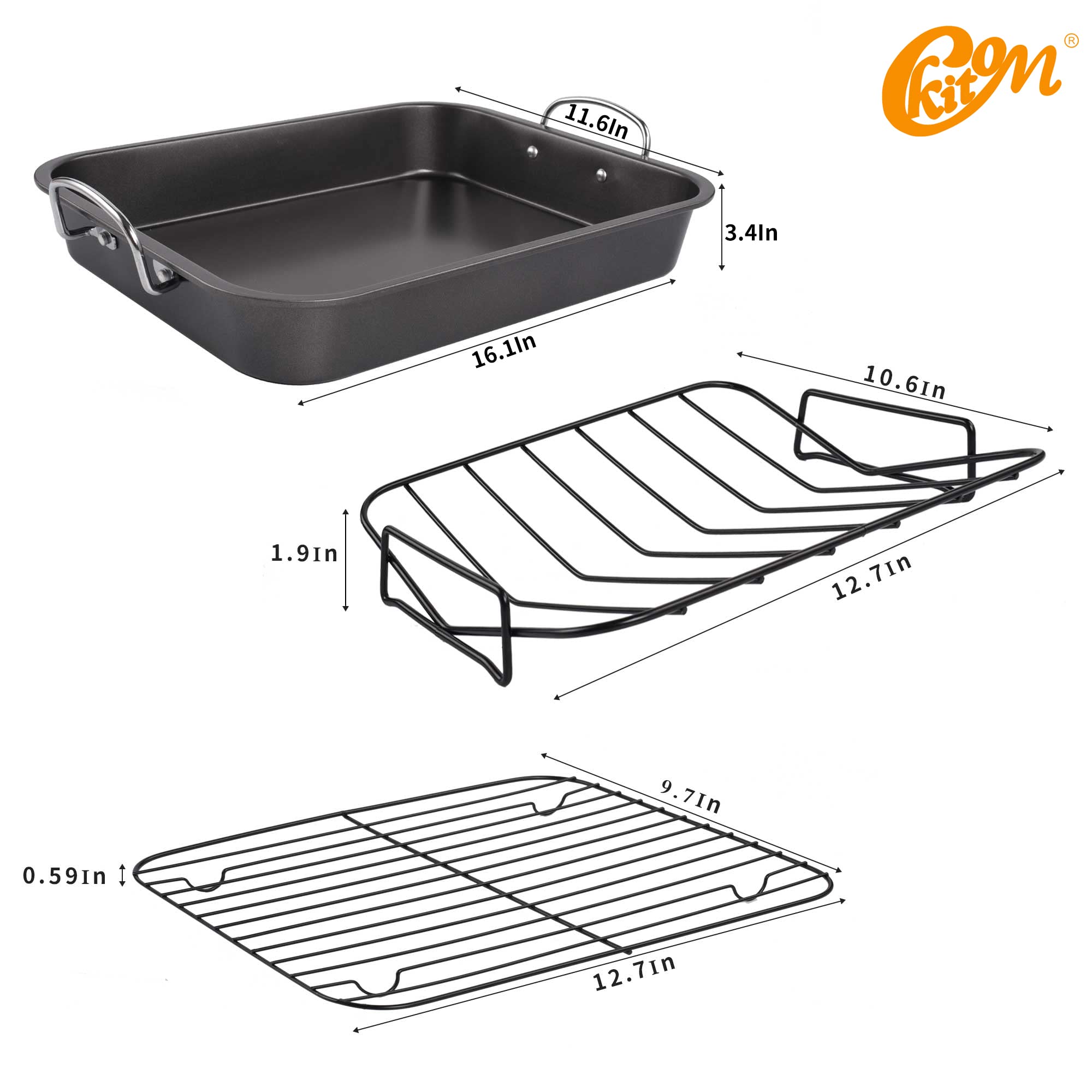 Kitcom Nonstick Roasting Pan, Roaster With Rack - 16 Inch Rectangular Grill Suitable For Turkey, Roast Chicken, Ham, Dishwasher